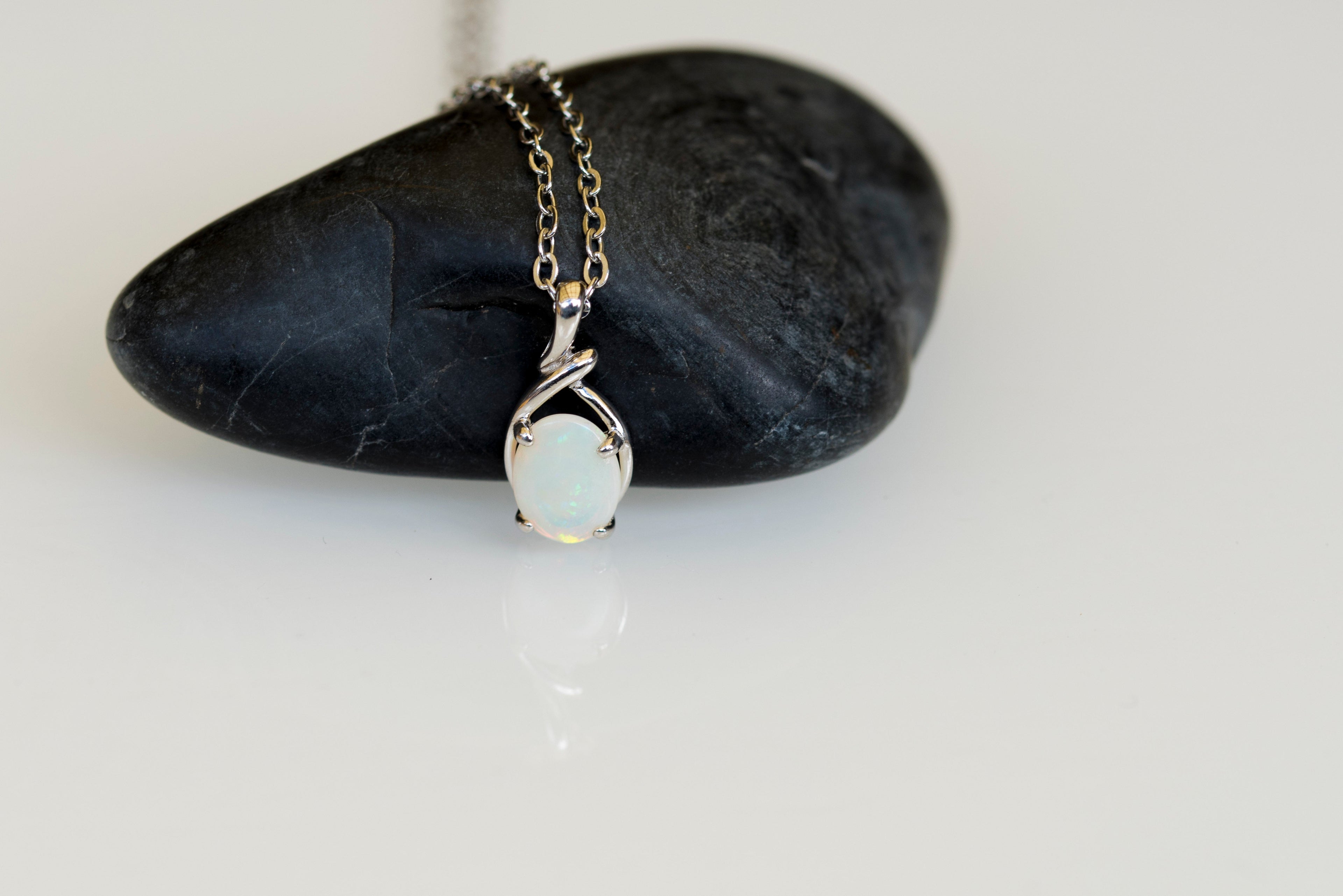 Natural Australian Solid Opal Necklace – Multi-Color White Opal Gemstone Pendant, Sterling Silver with White Gold Plating