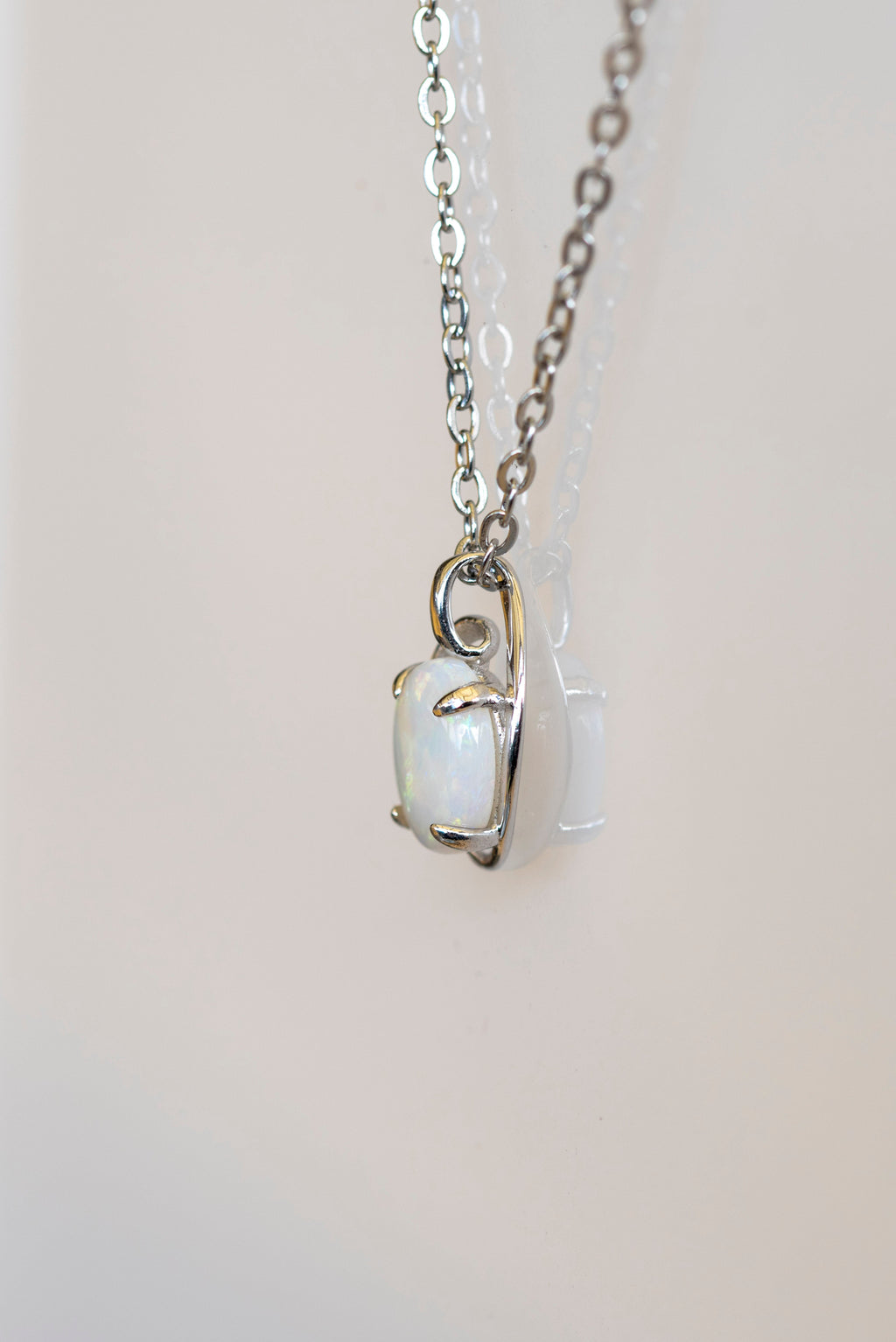 Australian White Opal Necklace – Genuine Multi-Color Solid Opal Pendant in Sterling Silver with White Gold Plating