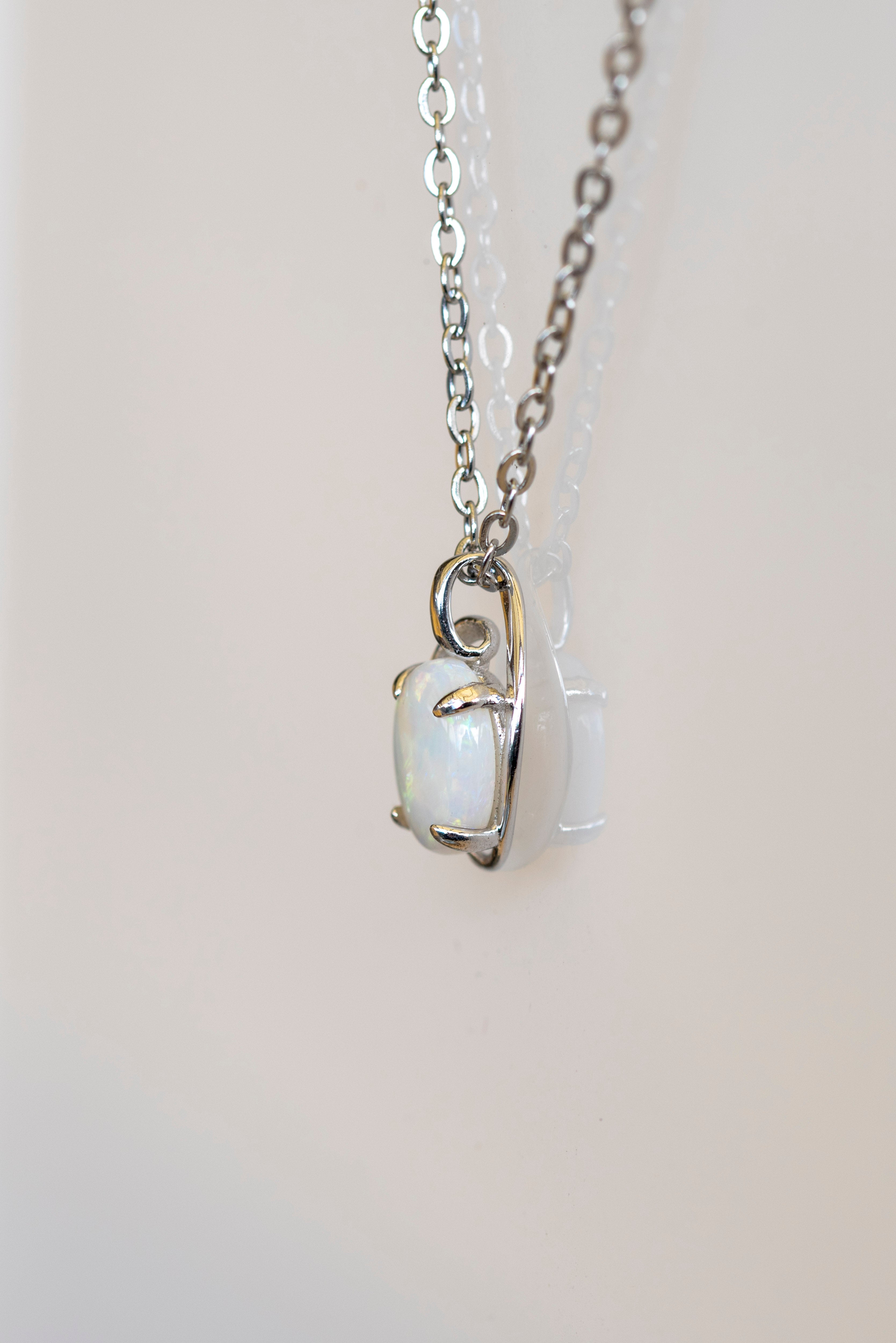 Australian White Opal Necklace – Genuine Multi-Color Solid Opal Pendant in Sterling Silver with White Gold Plating