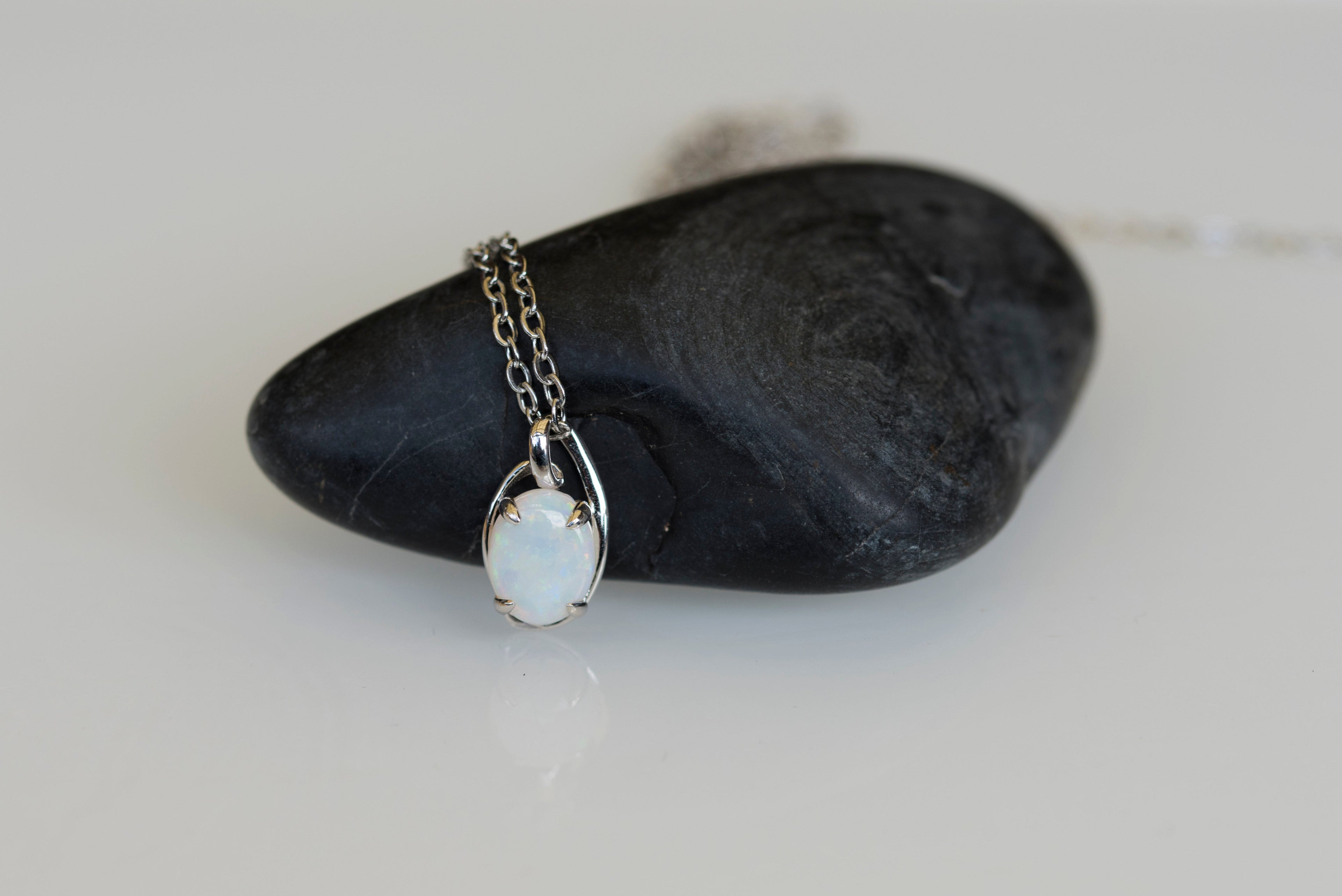 Australian White Opal Necklace – Genuine Multi-Color Solid Opal Pendant in Sterling Silver with White Gold Plating
