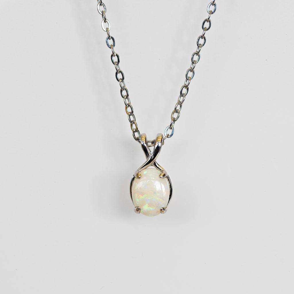 Dainty Australian Opal Pendant – Natural Solid White Opal Necklace with Multi-Color Fire, Sterling Silver White Gold Plated
