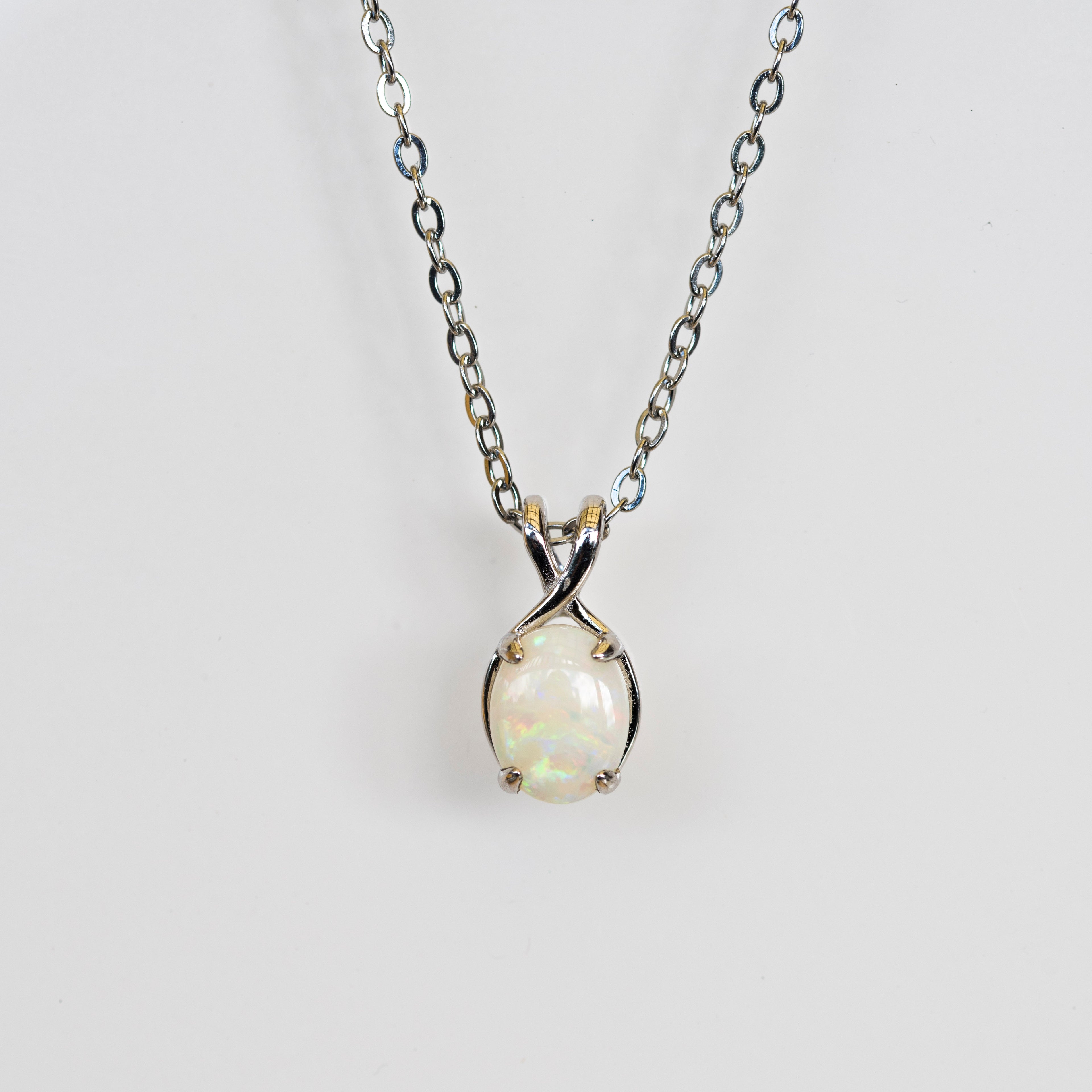 Dainty Australian Opal Pendant – Natural Solid White Opal Necklace with Multi-Color Fire, Sterling Silver White Gold Plated