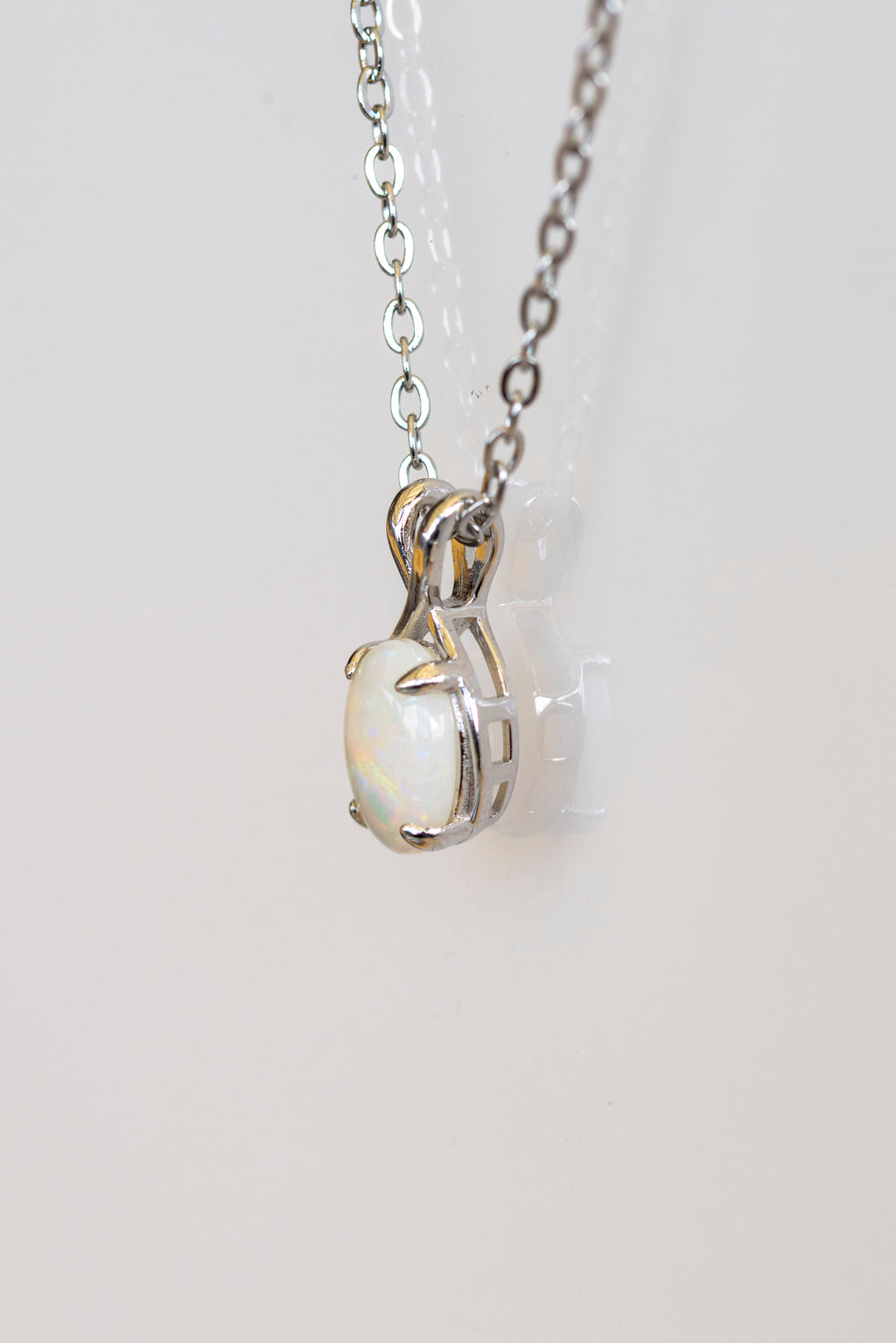 Dainty Australian Opal Pendant – Natural Solid White Opal Necklace with Multi-Color Fire, Sterling Silver White Gold Plated