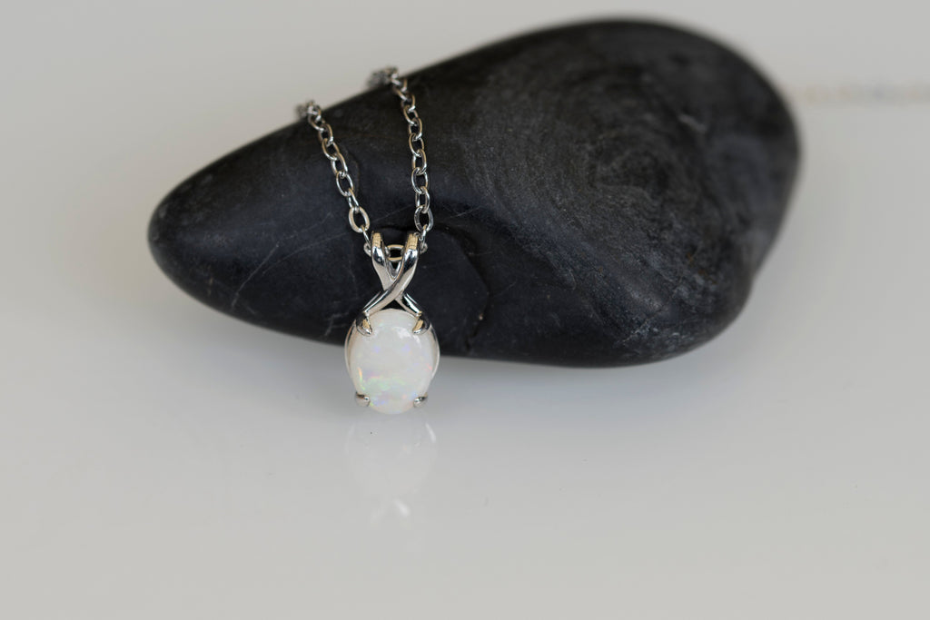 Dainty Australian Opal Pendant – Natural Solid White Opal Necklace with Multi-Color Fire, Sterling Silver White Gold Plated