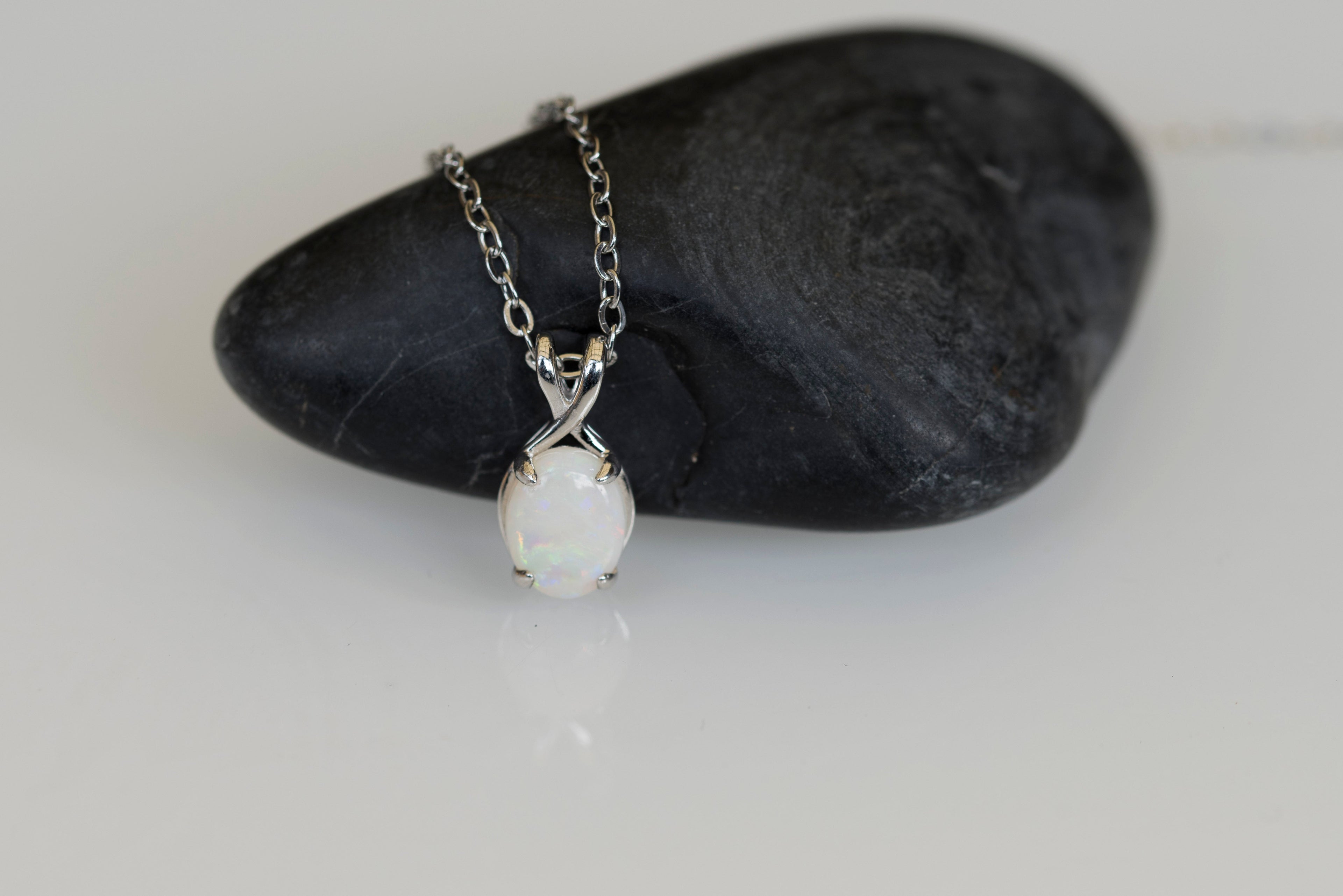 Dainty Australian Opal Pendant – Natural Solid White Opal Necklace with Multi-Color Fire, Sterling Silver White Gold Plated