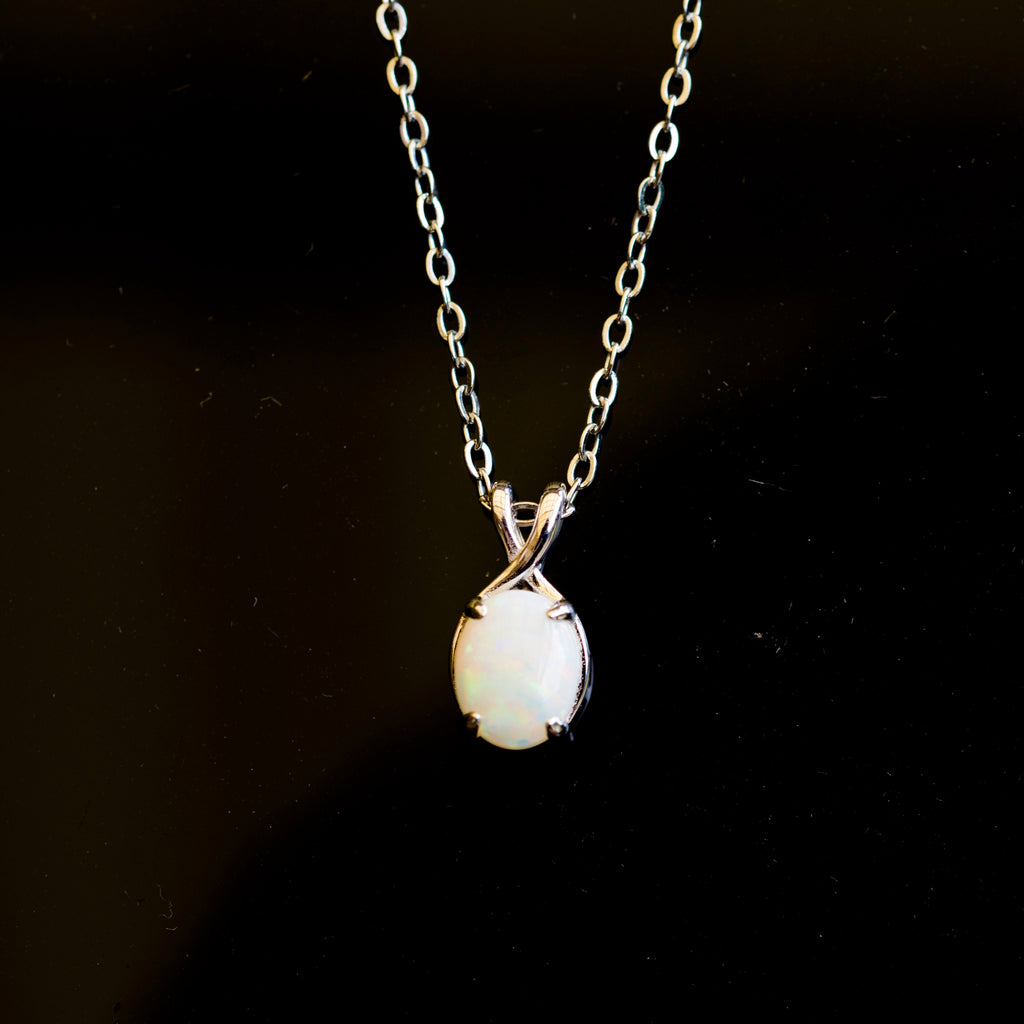 Dainty Australian Opal Pendant – Natural Solid White Opal Necklace with Multi-Color Fire, Sterling Silver White Gold Plated