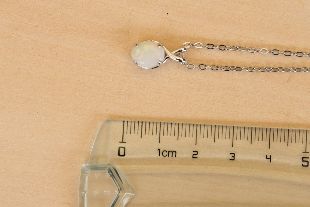 Dainty Australian Opal Pendant – Natural Solid White Opal Necklace with Multi-Color Fire, Sterling Silver White Gold Plated
