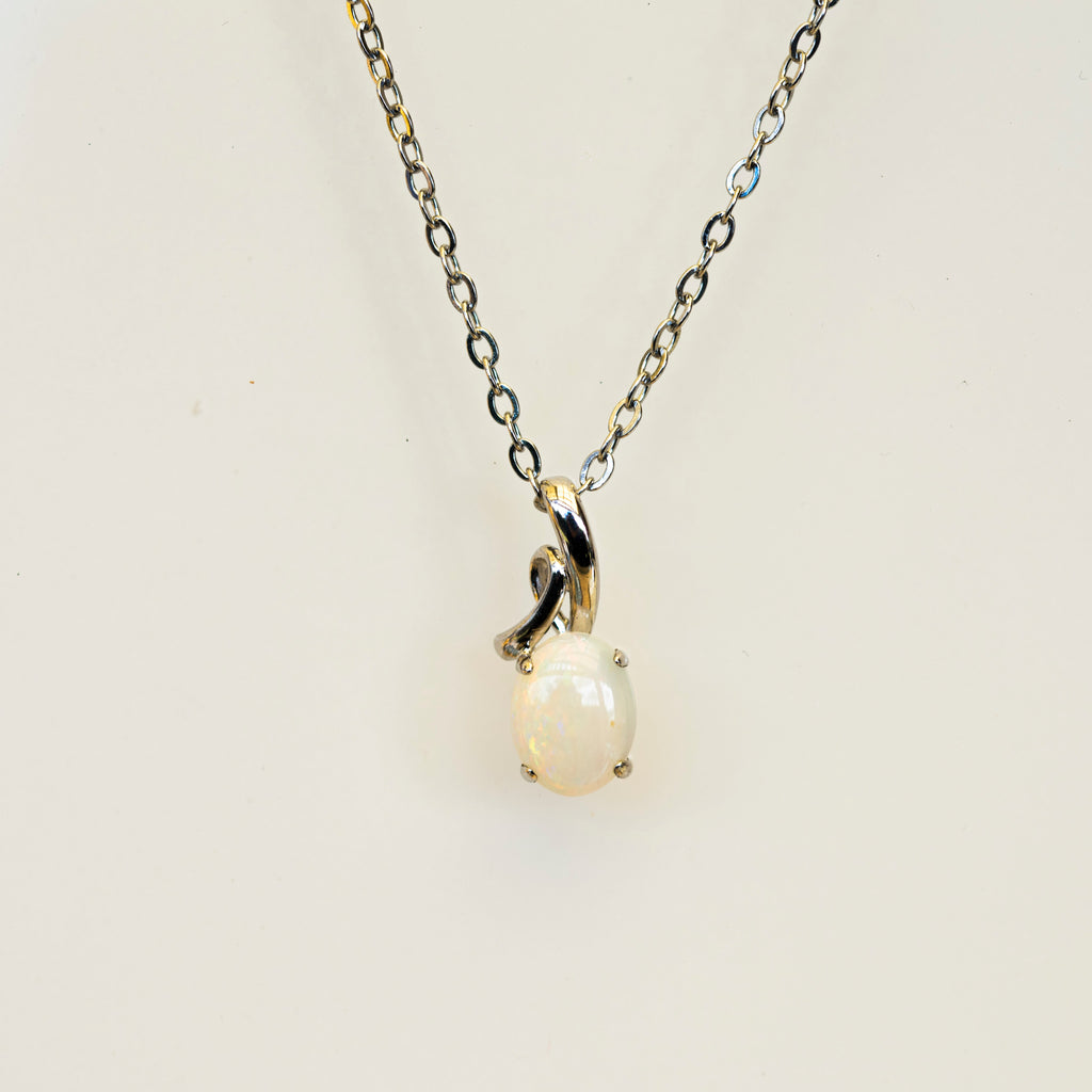Genuine Multi-Color Australian Opal Necklace – Solid White Opal Pendant in Sterling Silver, White Gold Finish