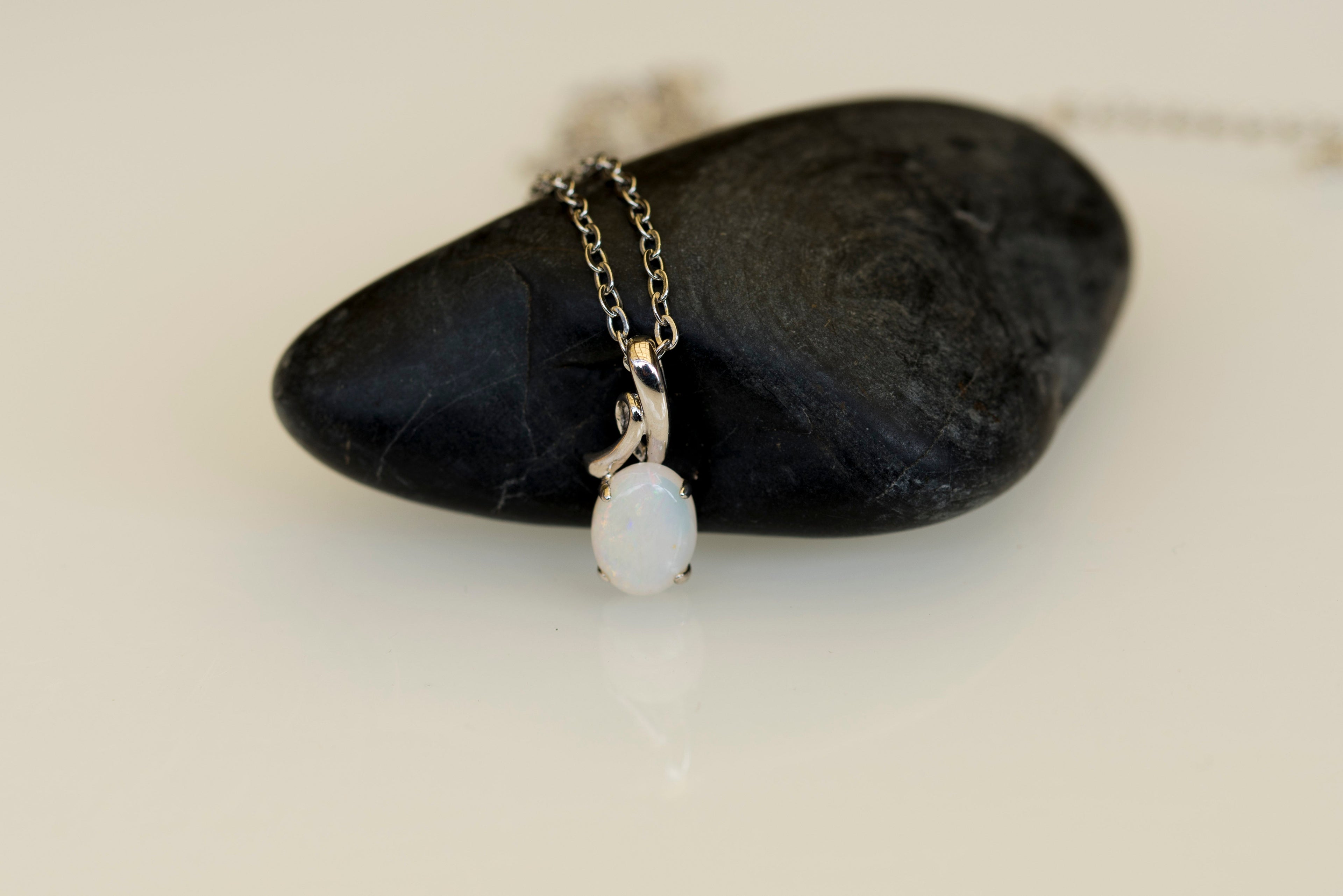 Genuine Multi-Color Australian Opal Necklace – Solid White Opal Pendant in Sterling Silver, White Gold Finish