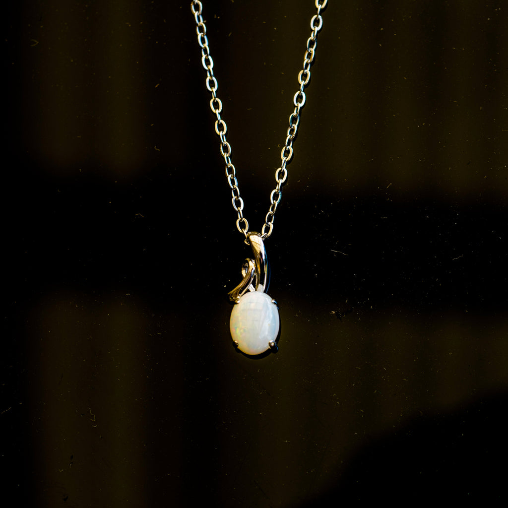 Genuine Multi-Color Australian Opal Necklace – Solid White Opal Pendant in Sterling Silver, White Gold Finish