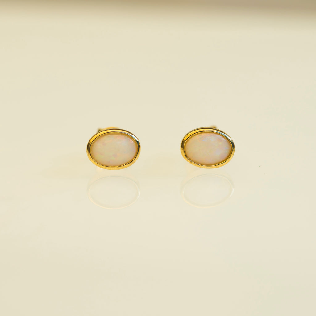 Australian Solid White Opal Earrings – Genuine Multi-Color Fire Opal in Sterling Silver with Yellow Gold Plating