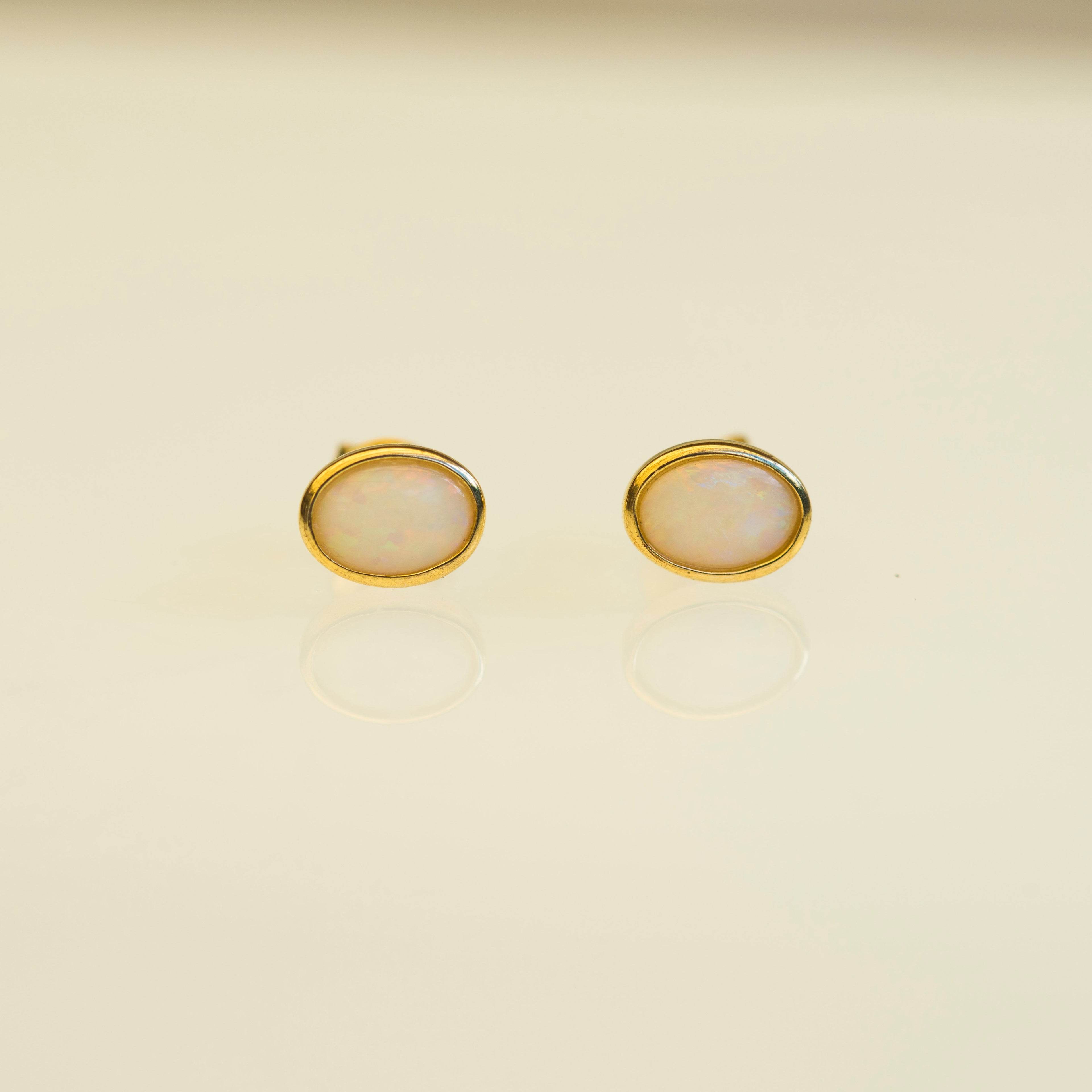 Australian Solid White Opal Earrings – Genuine Multi-Color Fire Opal in Sterling Silver with Yellow Gold Plating