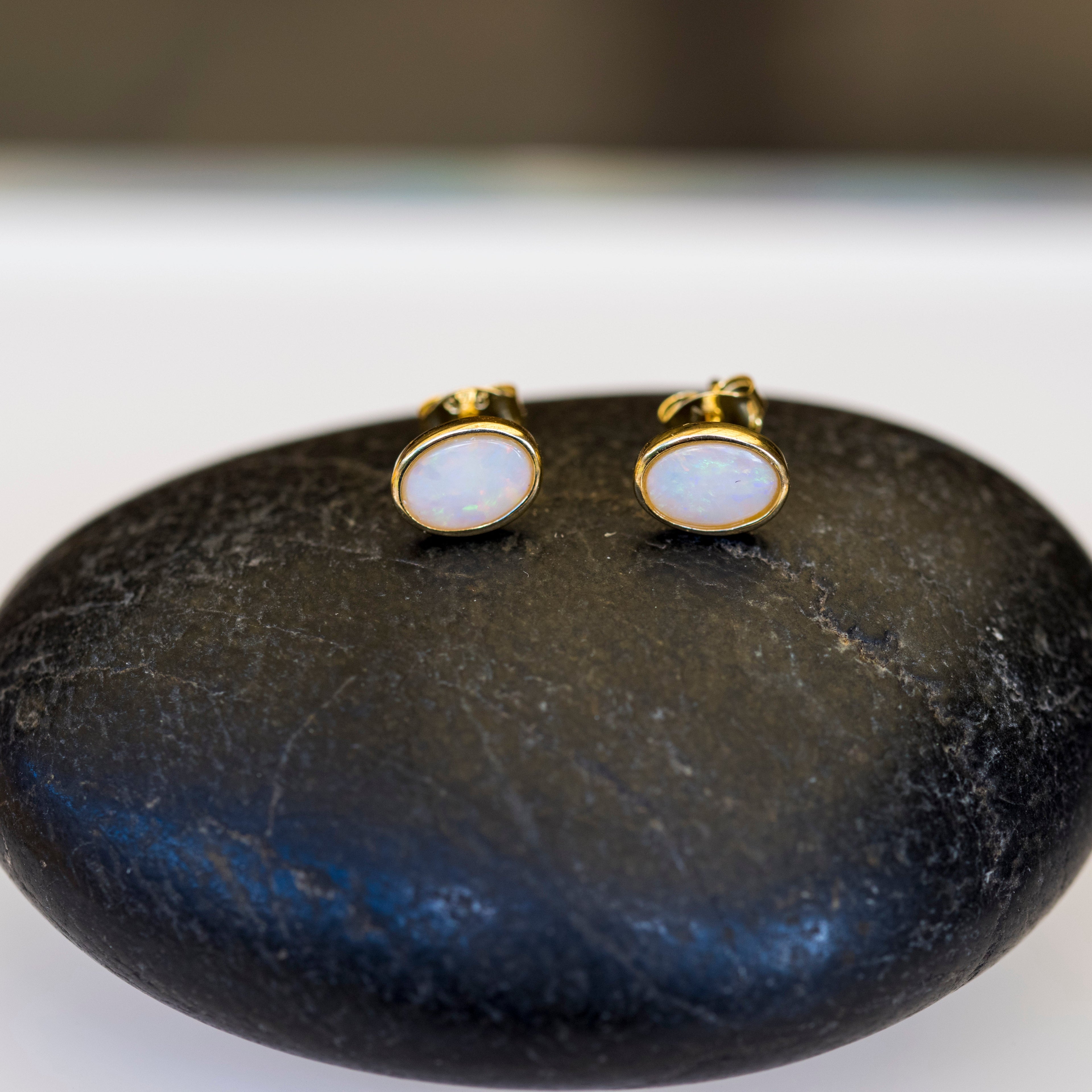 Australian Solid White Opal Earrings – Genuine Multi-Color Fire Opal in Sterling Silver with Yellow Gold Plating