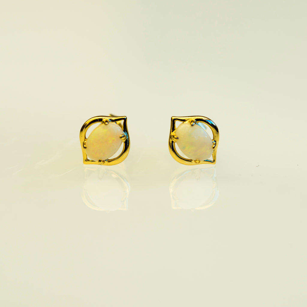 Authentic Australian Opal Earrings – Natural Multi-Color Solid White Opals, Sterling Silver Yellow Gold Plated