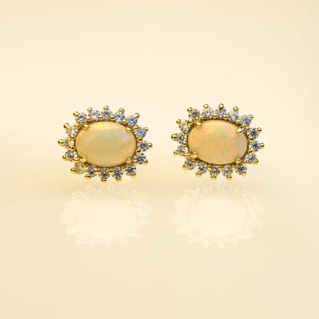 Genuine Australian Fire Opal Earrings – Multi-Color Solid White Opal Gemstones in Sterling Silver Gold Finish