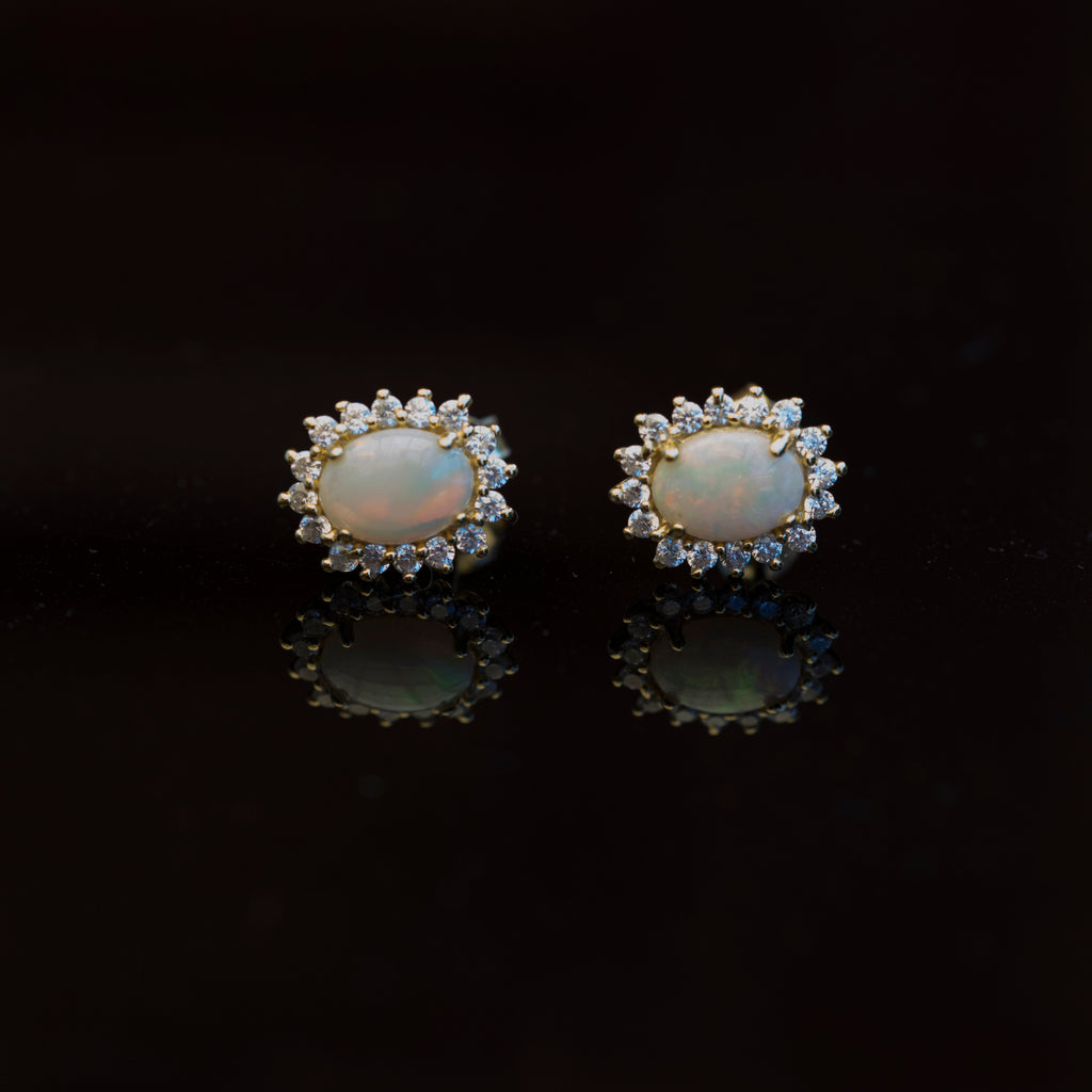 Genuine Australian Fire Opal Earrings – Multi-Color Solid White Opal Gemstones in Sterling Silver Gold Finish