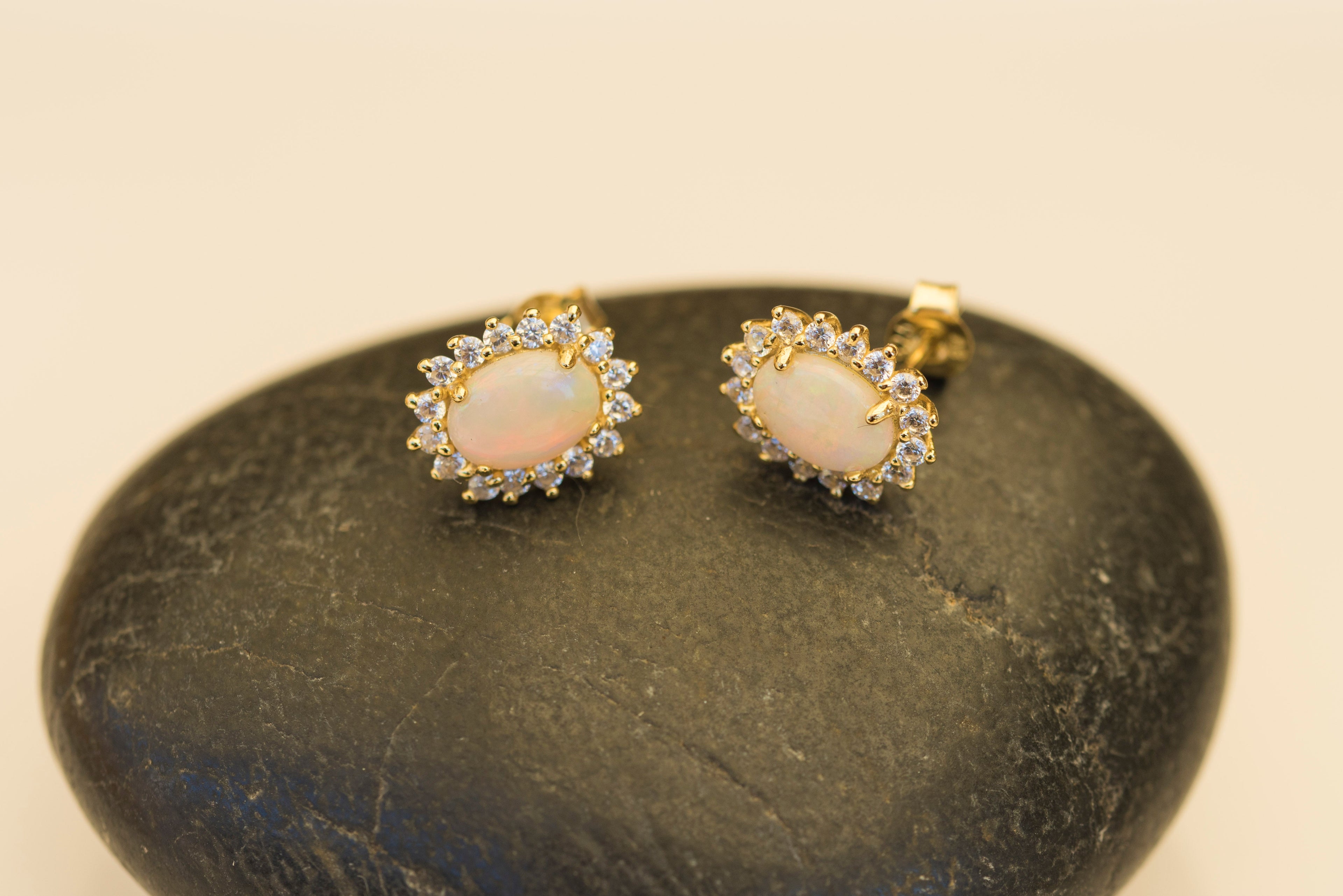 Genuine Australian Fire Opal Earrings – Multi-Color Solid White Opal Gemstones in Sterling Silver Gold Finish