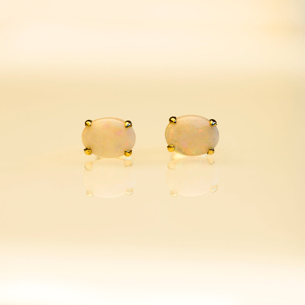 Natural Australian White Opal Simple Design Stud Earrings – Genuine Multi-Color Fire Opal Jewelry in Sterling Silver with Yellow Gold Plating