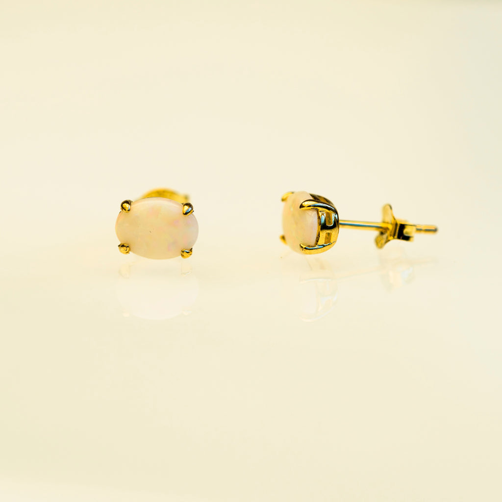 Natural Australian White Opal Simple Design Stud Earrings – Genuine Multi-Color Fire Opal Jewelry in Sterling Silver with Yellow Gold Plating
