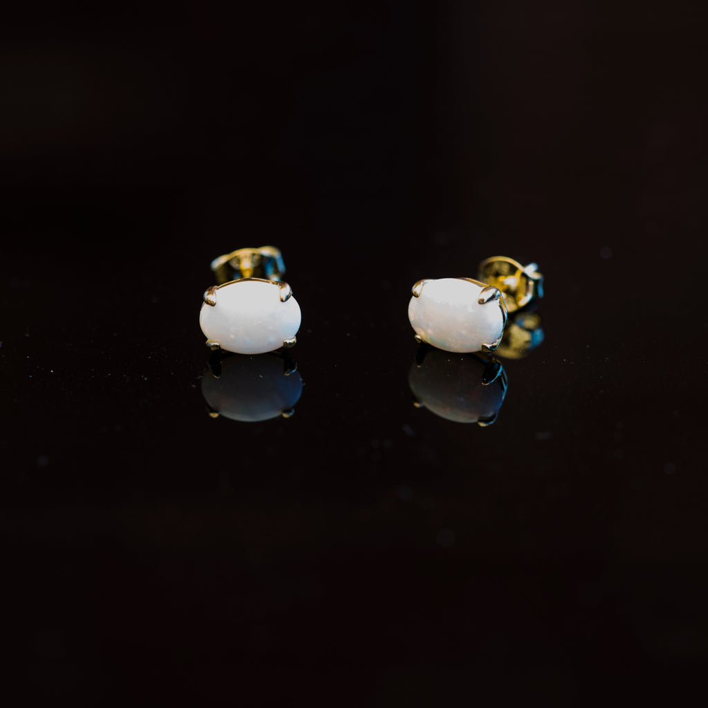 Handcrafted Australian Opal Earrings – Authentic Multi-Color Solid White Opals in Yellow Gold Plated Sterling Silver