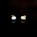 Natural Australian White Opal Simple Design Stud Earrings – Genuine Multi-Color Fire Opal Jewelry in Sterling Silver with Yellow Gold Plating