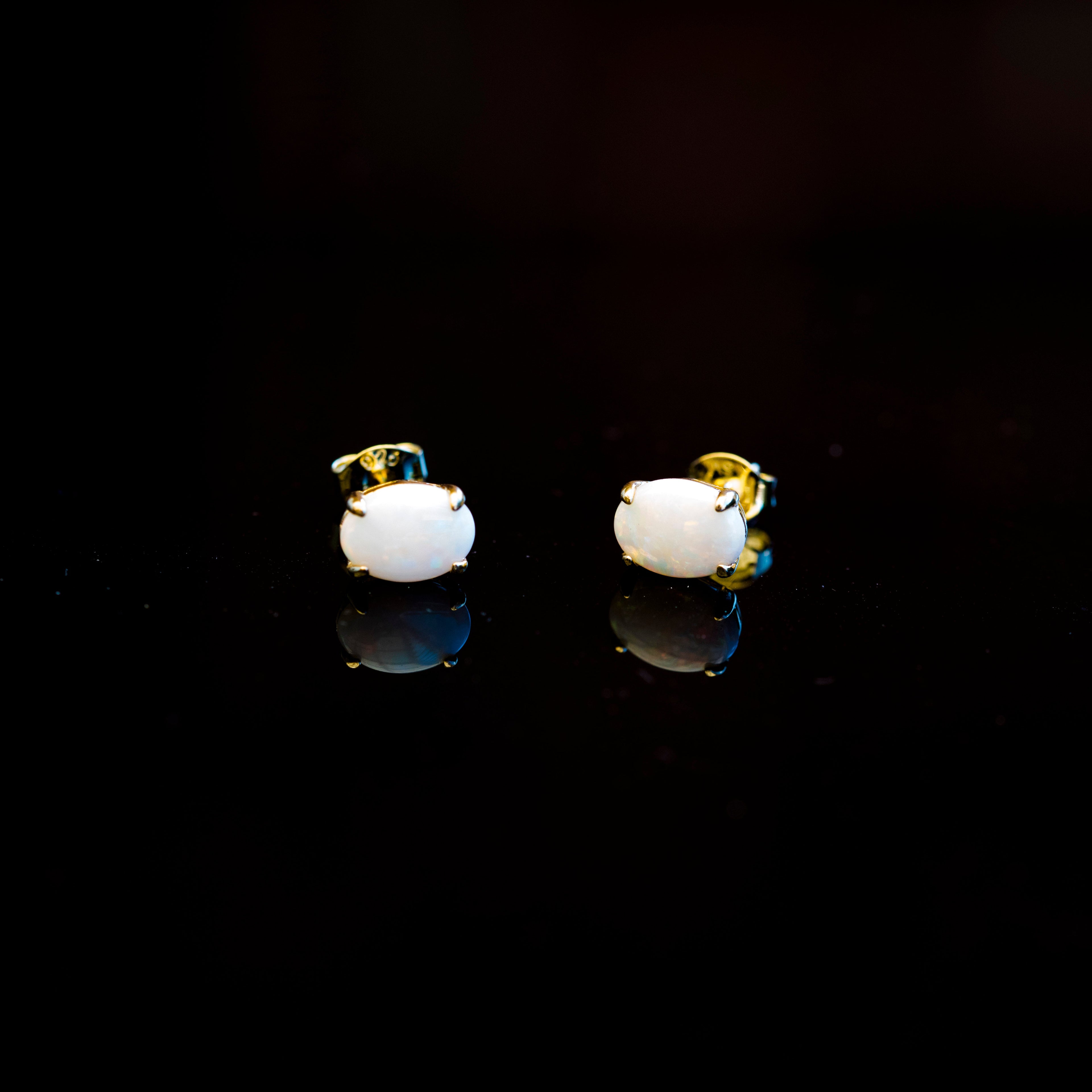 Natural Australian White Opal Simple Design Stud Earrings – Genuine Multi-Color Fire Opal Jewelry in Sterling Silver with Yellow Gold Plating