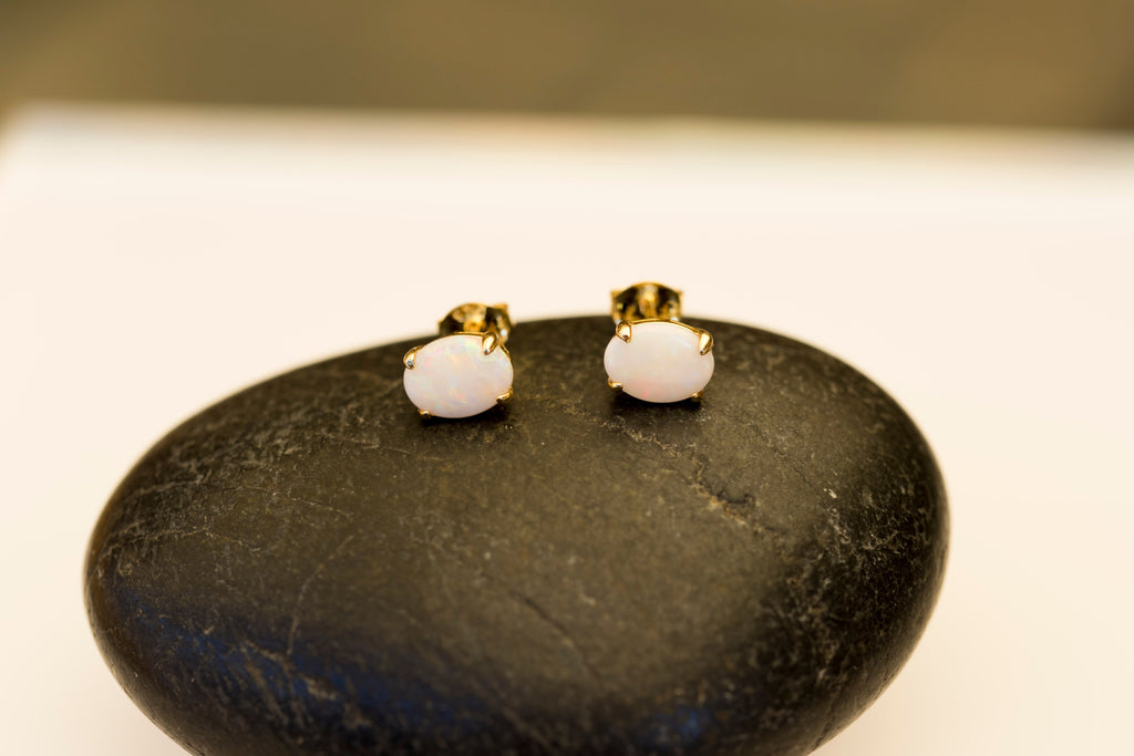 Natural Australian White Opal Simple Design Stud Earrings – Genuine Multi-Color Fire Opal Jewelry in Sterling Silver with Yellow Gold Plating