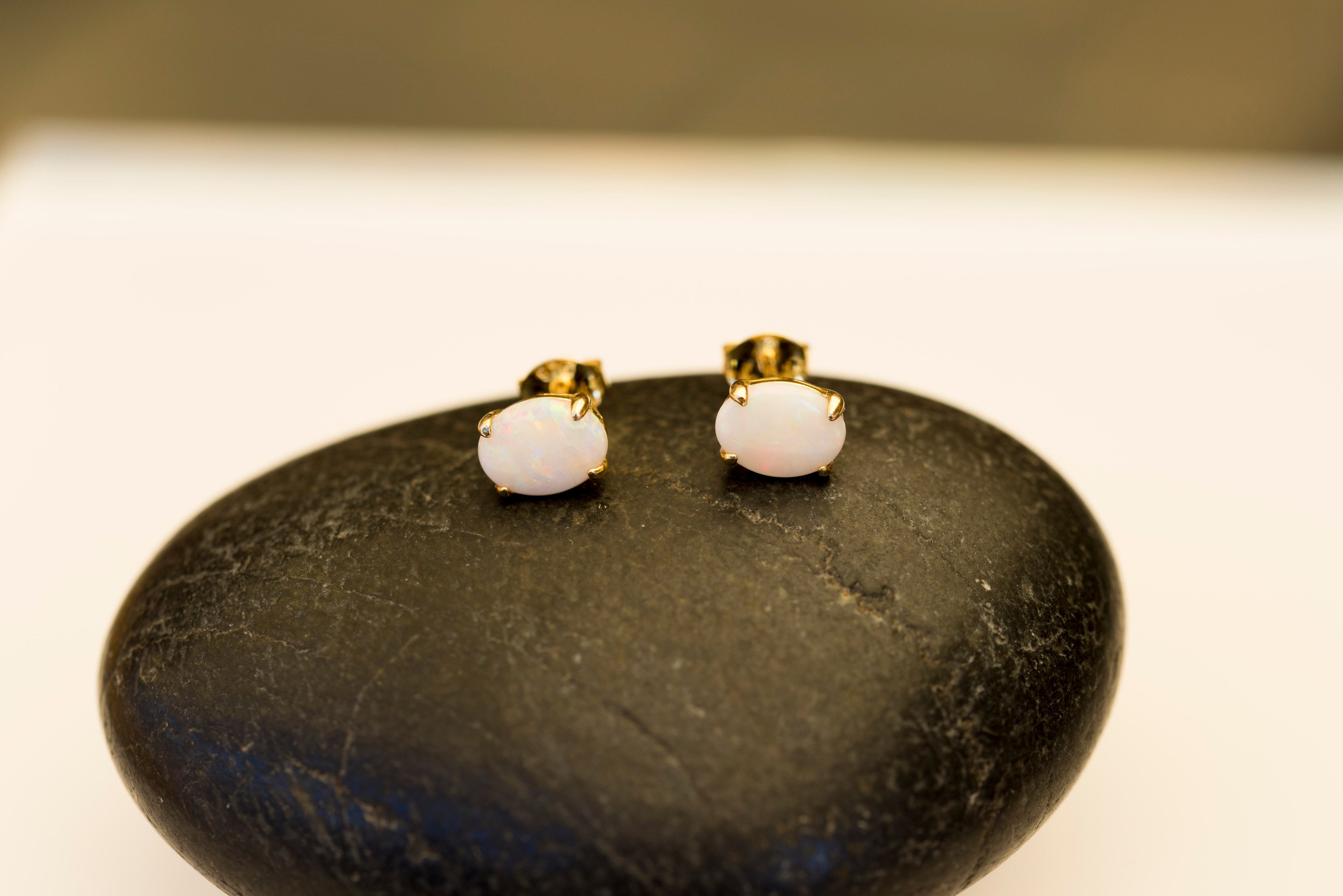 Natural Australian White Opal Simple Design Stud Earrings – Genuine Multi-Color Fire Opal Jewelry in Sterling Silver with Yellow Gold Plating