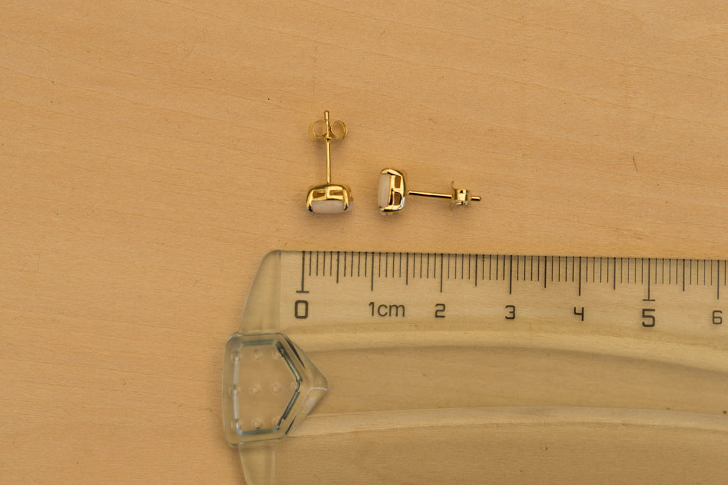 Natural Australian White Opal Simple Design Stud Earrings – Genuine Multi-Color Fire Opal Jewelry in Sterling Silver with Yellow Gold Plating