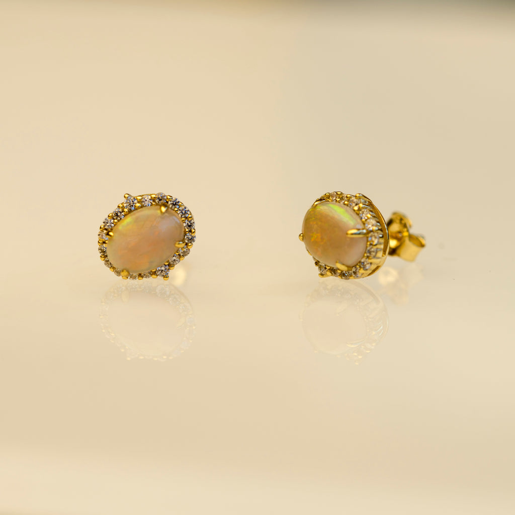 Luxury Australian Opal Earrings – Multi-Color Solid White Opals in Sterling Silver Yellow Gold Finish - Halo Cluster Design