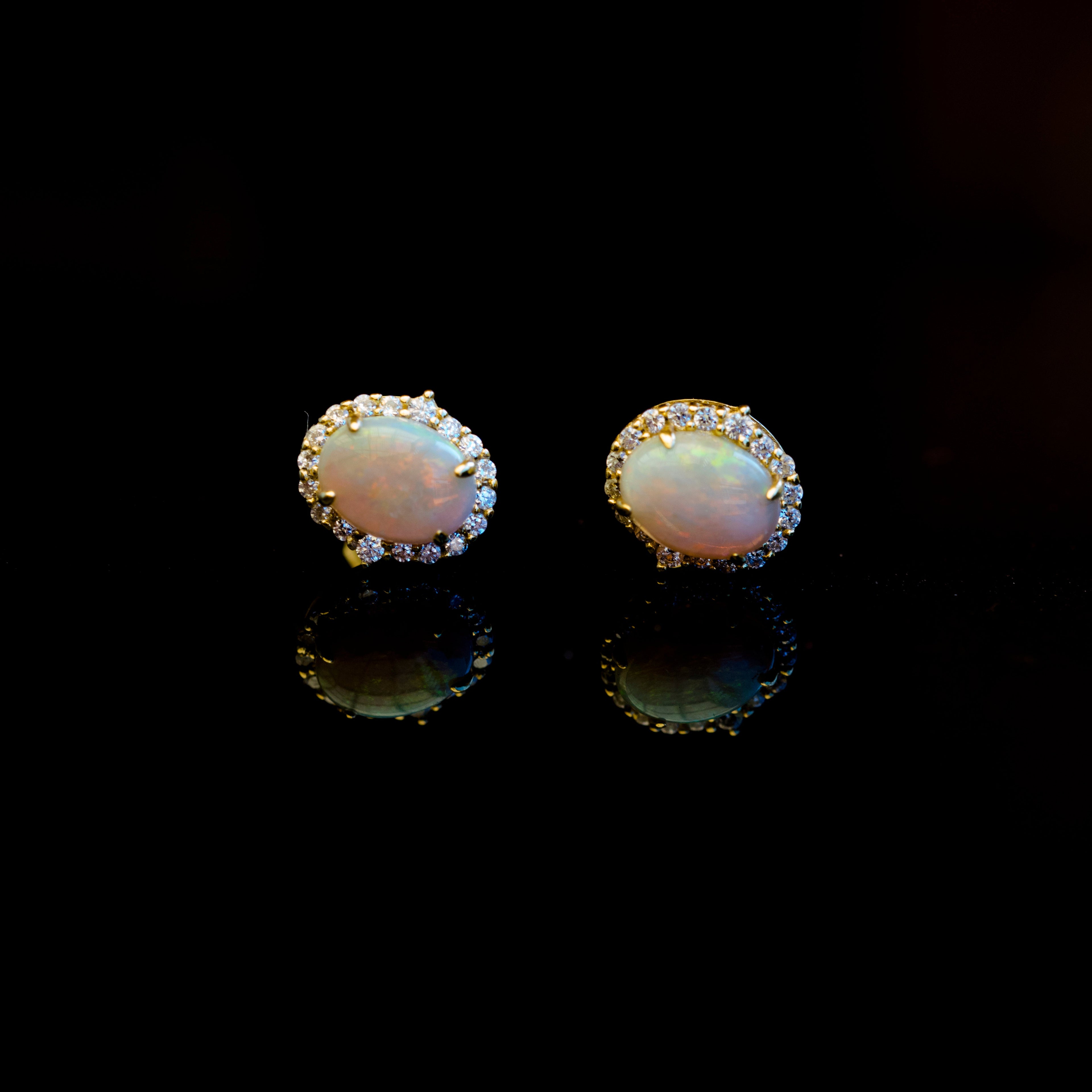Luxury Australian Opal Earrings – Multi-Color Solid White Opals in Sterling Silver Yellow Gold Finish - Halo Cluster Design