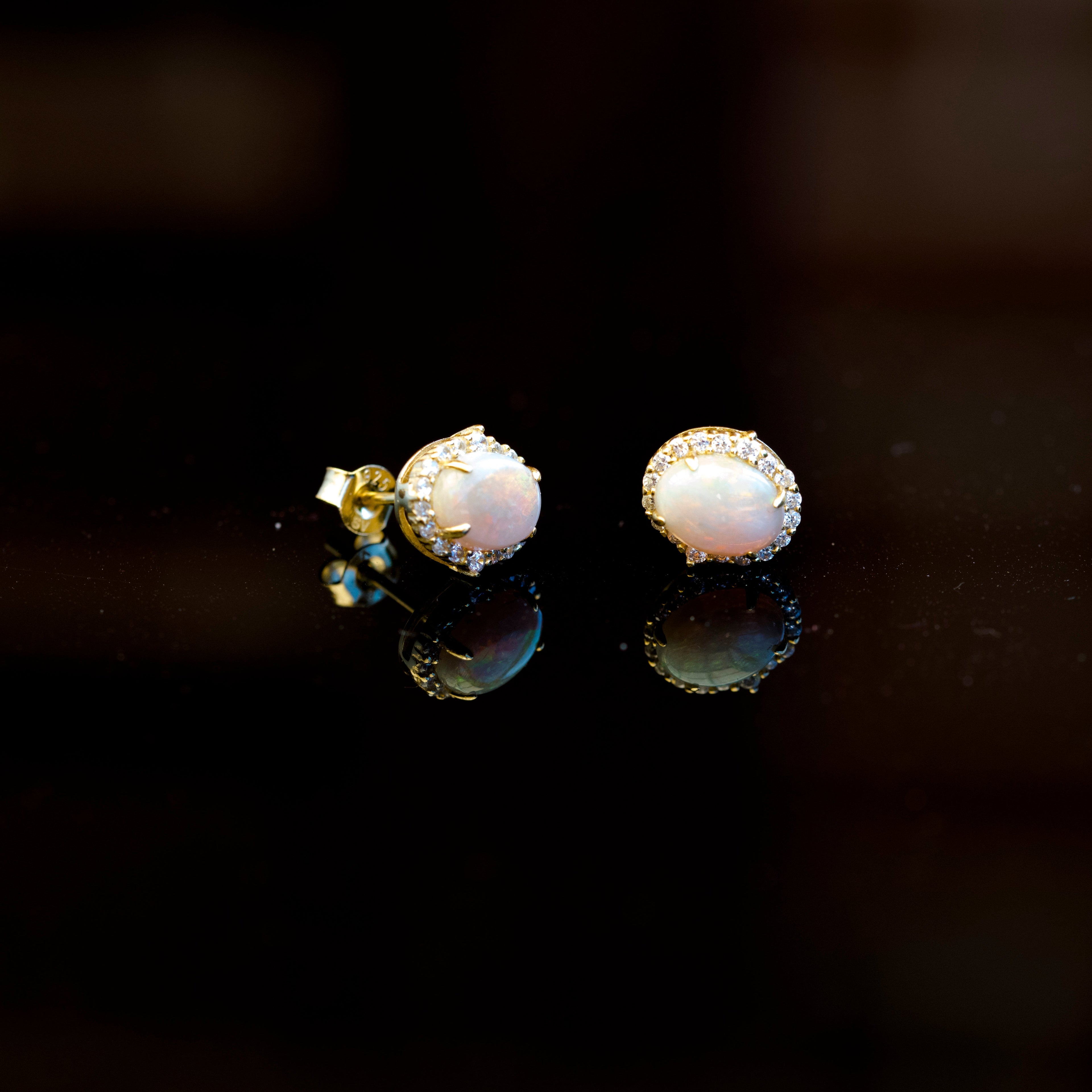 Luxury Australian Opal Earrings – Multi-Color Solid White Opals in Sterling Silver Yellow Gold Finish - Halo Cluster Design