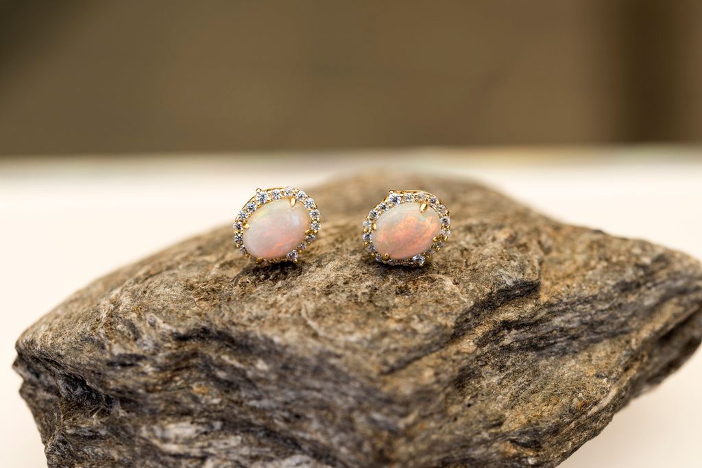 Luxury Australian Opal Earrings – Multi-Color Solid White Opals in Sterling Silver Yellow Gold Finish - Halo Cluster Design