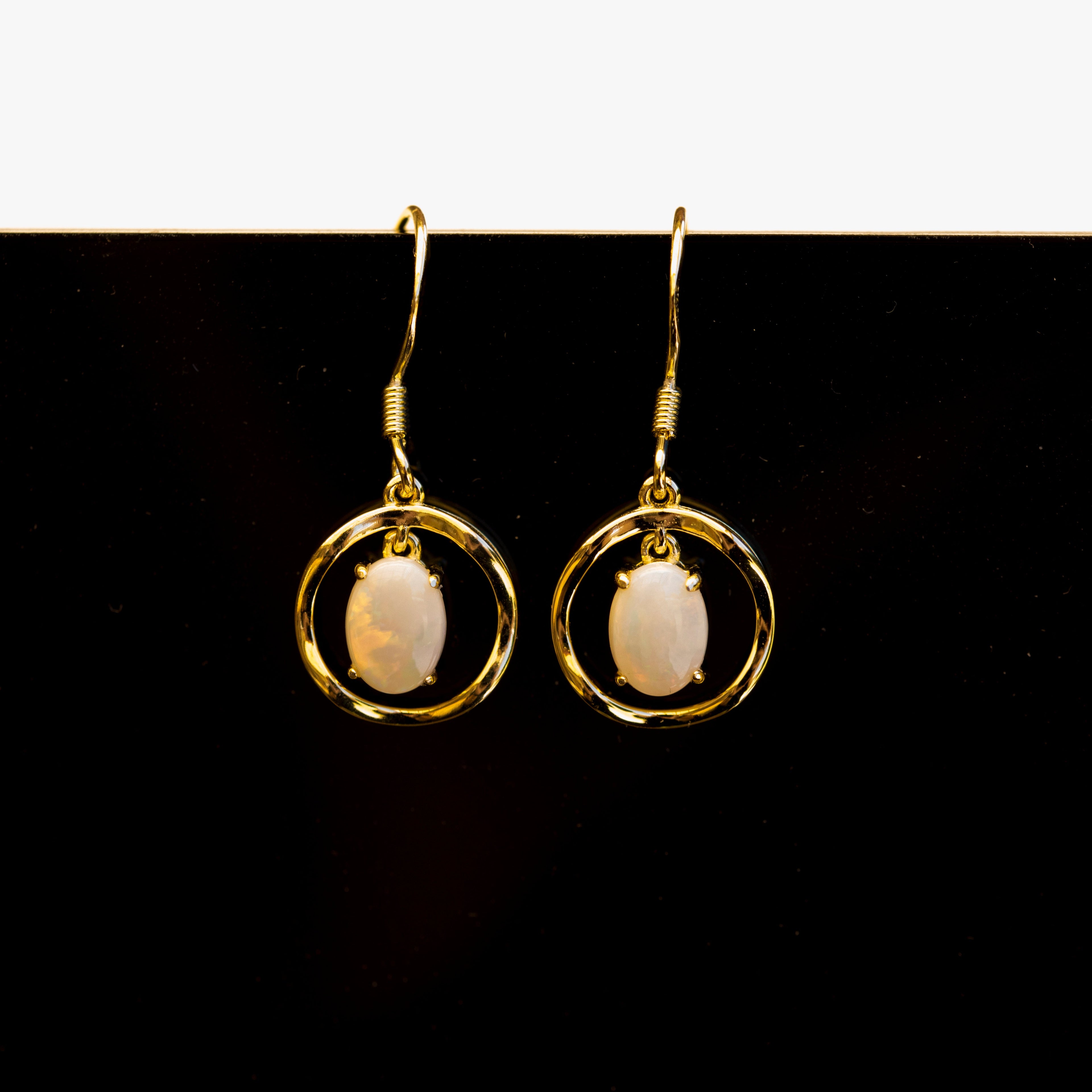 Handmade Australian Opal Earrings – Authentic Multi-Color Fire Solid White Opals, Sterling Silver with Gold Plating