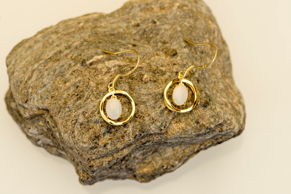 Handmade Australian Opal Earrings – Authentic Multi-Color Fire Solid White Opals, Sterling Silver with Gold Plating