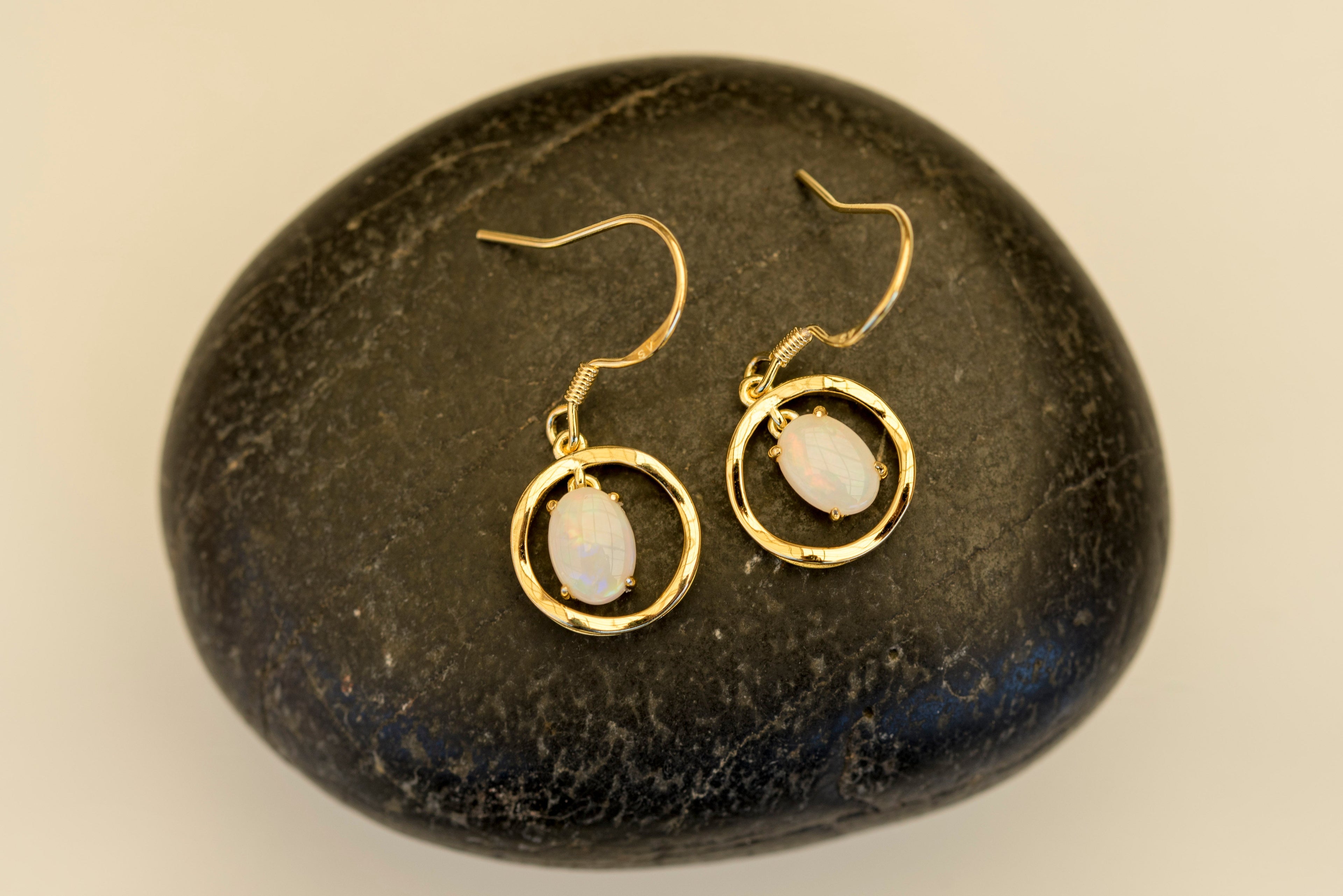 Handmade Australian Opal Earrings – Authentic Multi-Color Fire Solid White Opals, Sterling Silver with Gold Plating