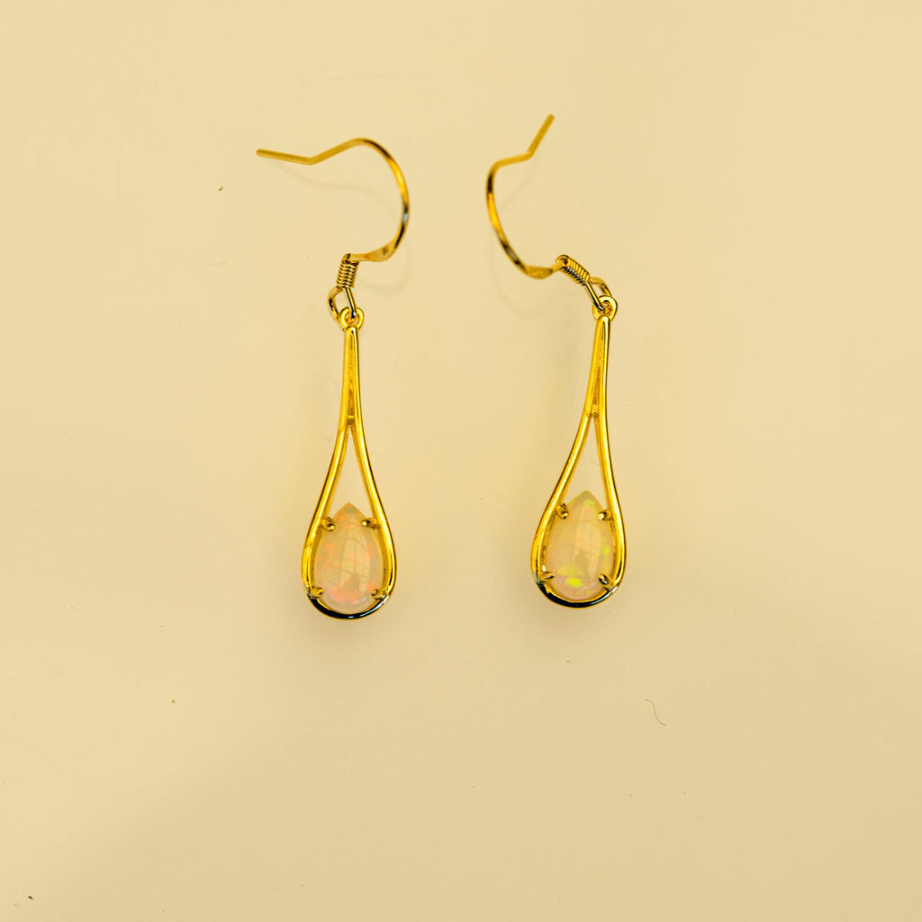 Elegant Australian Dangling Opal Earrings – Genuine Solid White Fire Opals in Yellow Gold Plated Sterling Silver