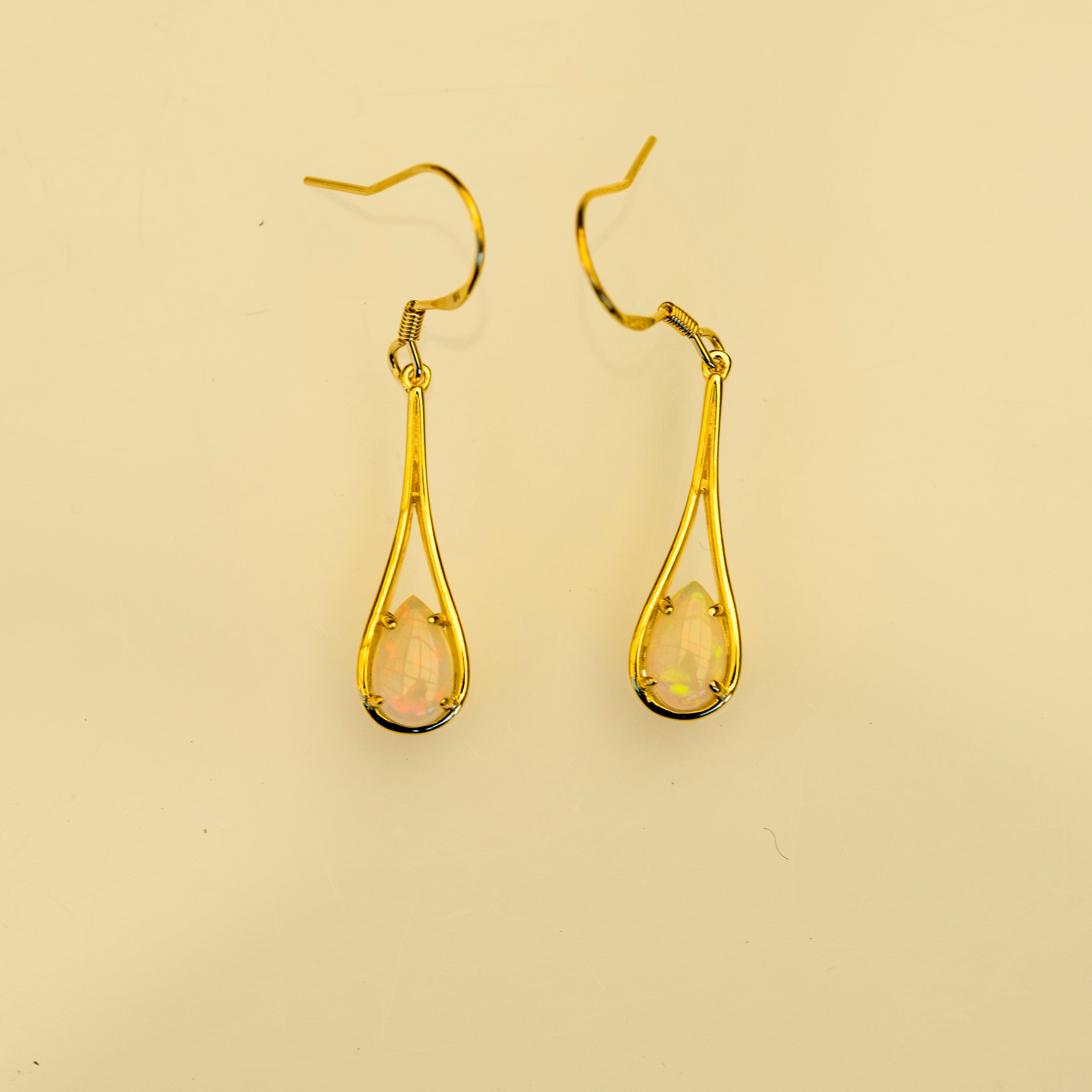 Elegant Australian Dangling Opal Earrings – Genuine Solid White Fire Opals in Yellow Gold Plated Sterling Silver