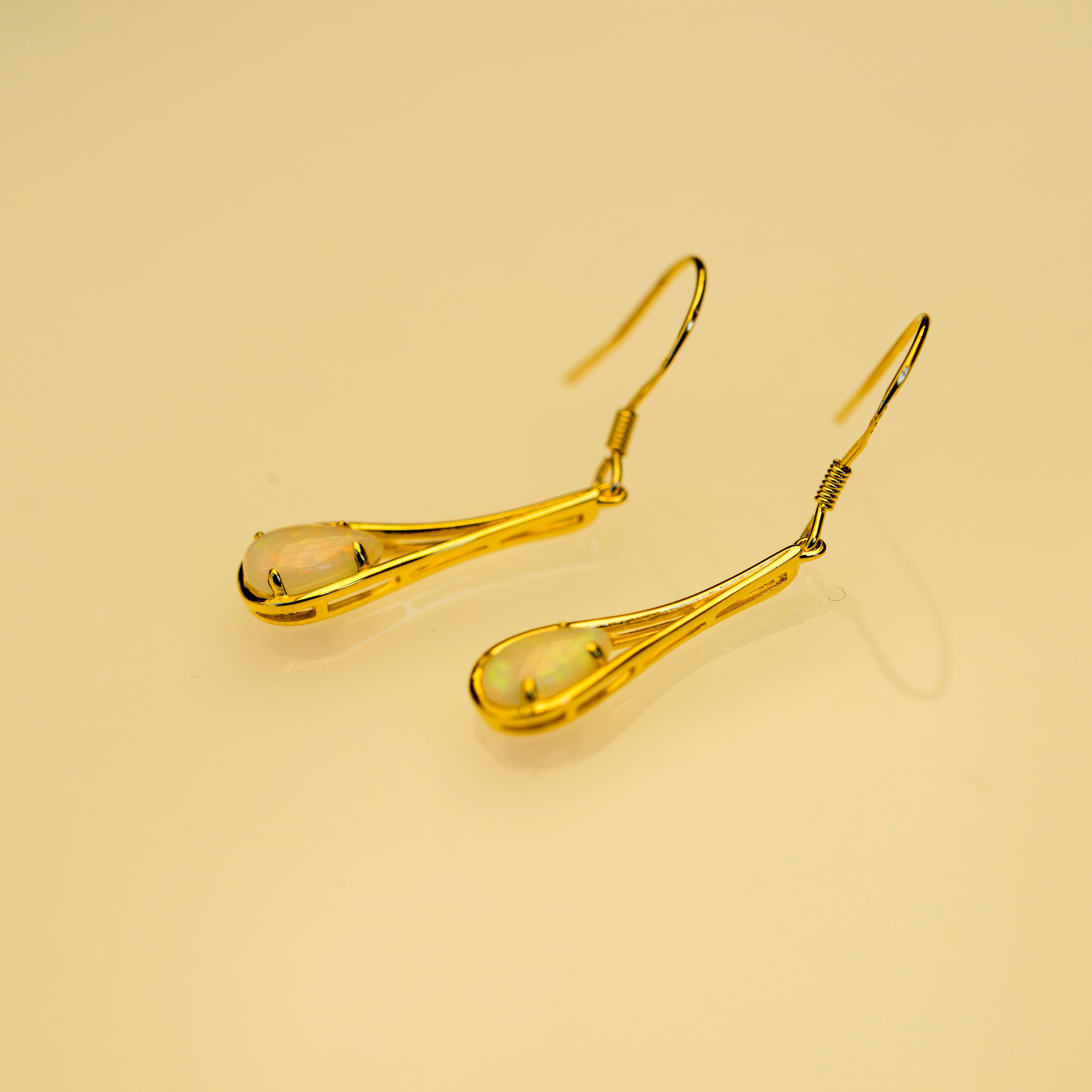 Elegant Australian Dangling Opal Earrings – Genuine Solid White Fire Opals in Yellow Gold Plated Sterling Silver