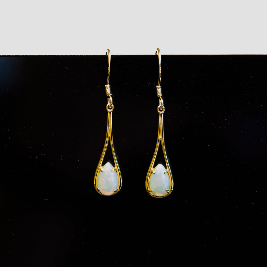 Elegant Australian Dangling Opal Earrings – Genuine Solid White Fire Opals in Yellow Gold Plated Sterling Silver