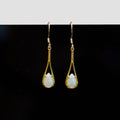 Elegant Australian Dangling Opal Earrings – Genuine Solid White Fire Opals in Yellow Gold Plated Sterling Silver
