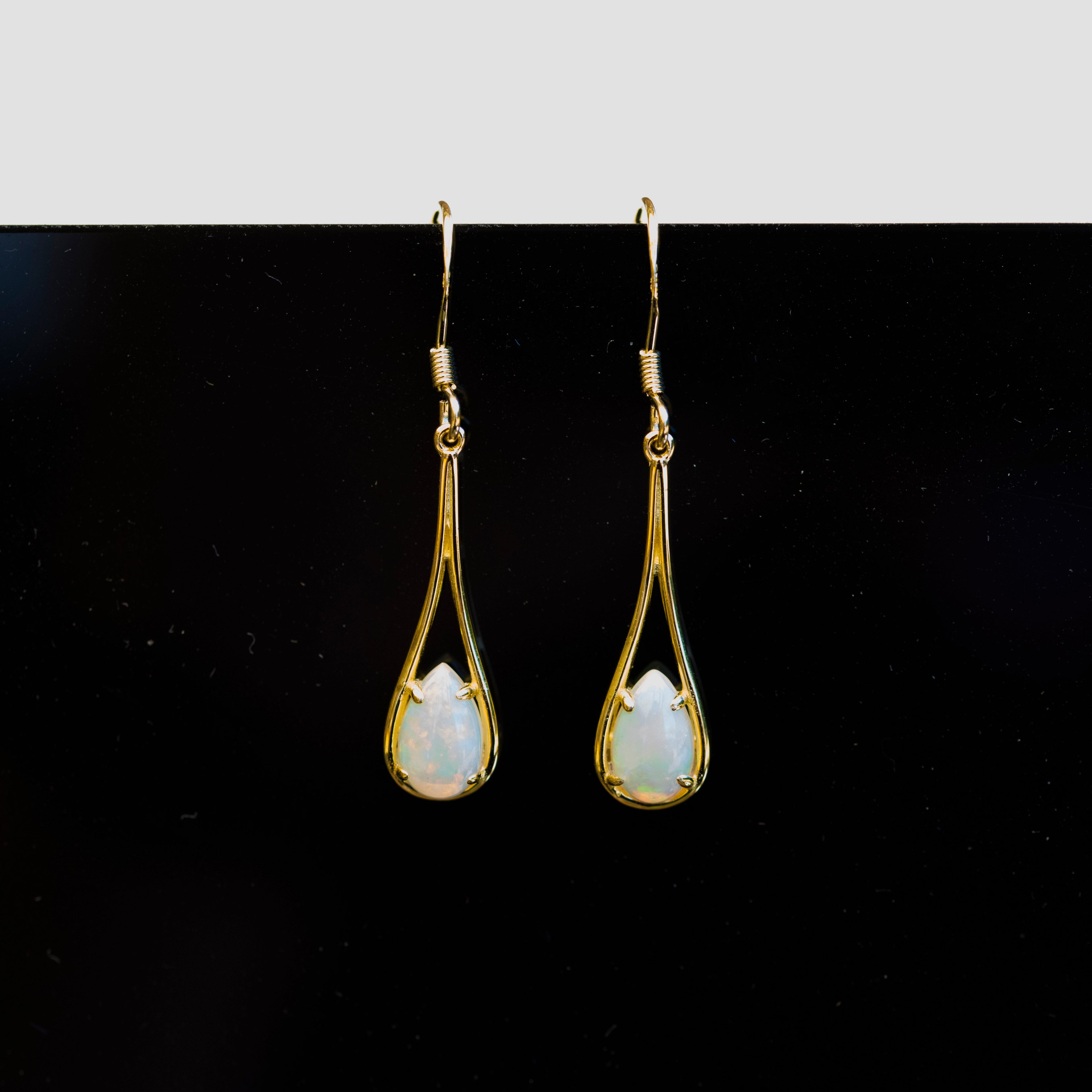 Elegant Australian Dangling Opal Earrings – Genuine Solid White Fire Opals in Yellow Gold Plated Sterling Silver