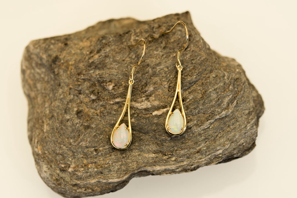 Elegant Australian Dangling Opal Earrings – Genuine Solid White Fire Opals in Yellow Gold Plated Sterling Silver