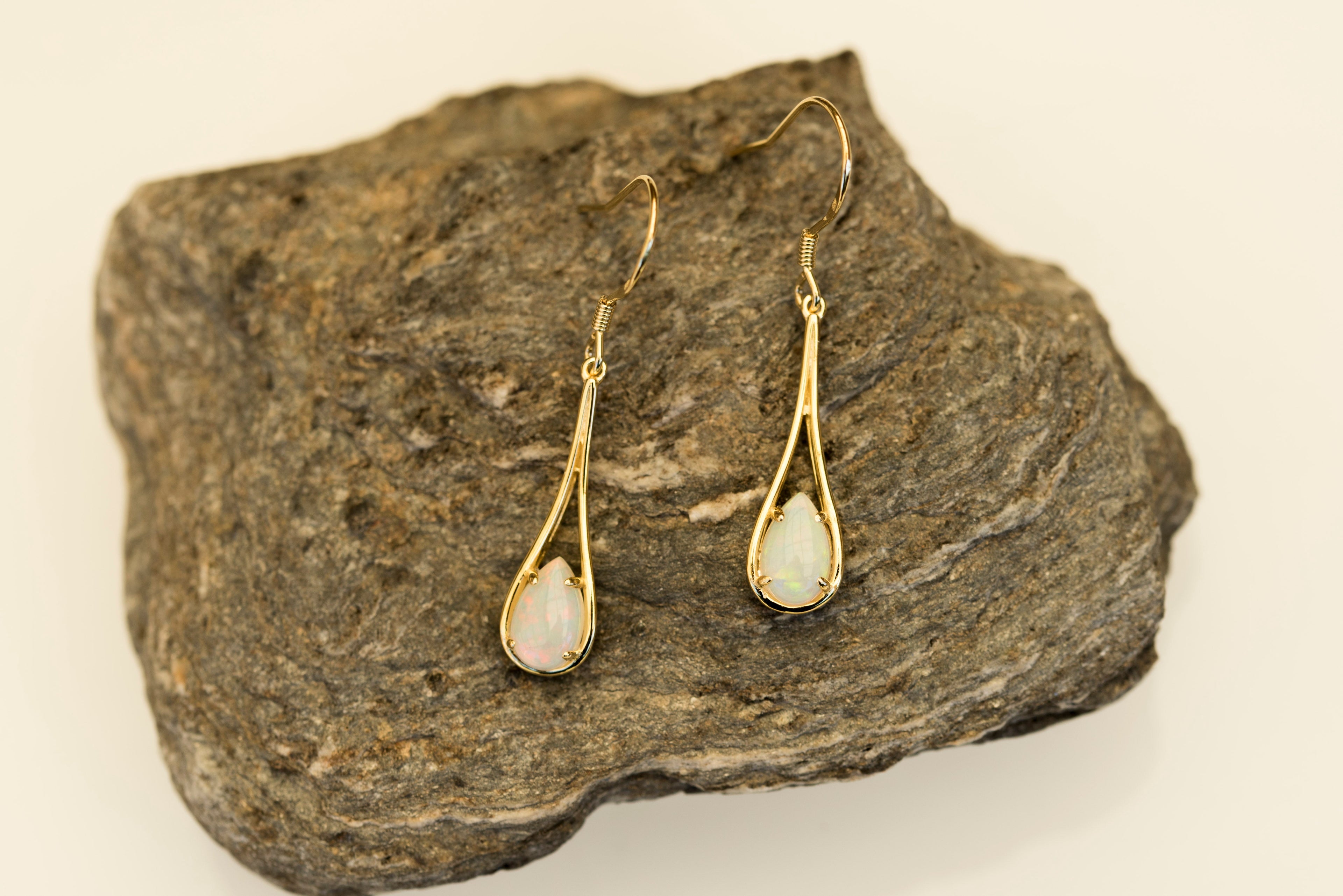 Elegant Australian Dangling Opal Earrings – Genuine Solid White Fire Opals in Yellow Gold Plated Sterling Silver