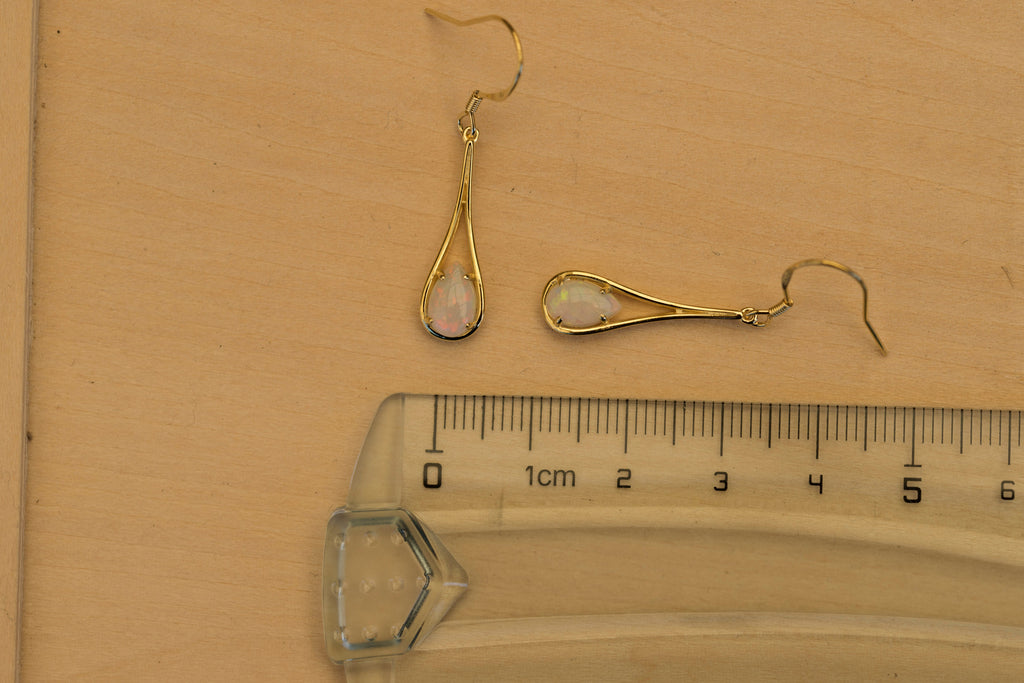 Elegant Australian Dangling Opal Earrings – Genuine Solid White Fire Opals in Yellow Gold Plated Sterling Silver