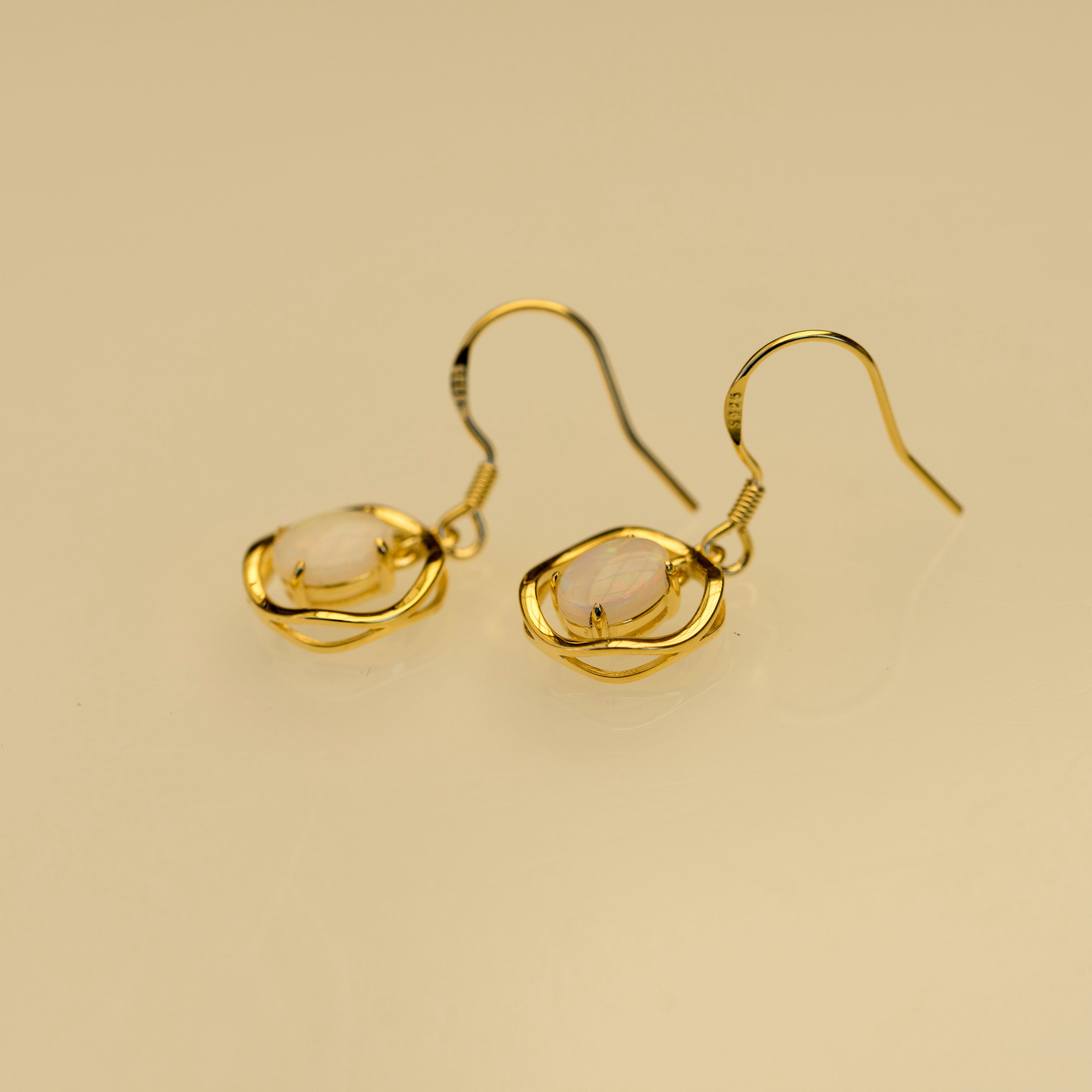 Handmade Australian Opal Earrings – Authentic Multi-Color Fire Solid White Opals, Sterling Silver with Gold Plating