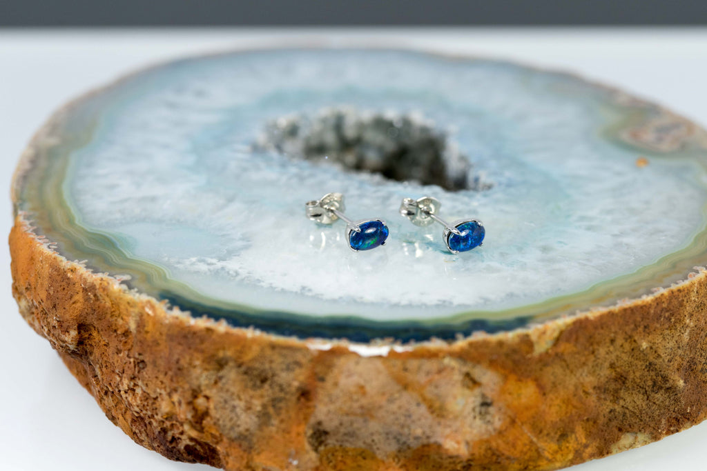 Dainty Australian Triplet Opal Earrings - Green Blue Fire Opal - Genuine Australian Triplet Opal Earrings in Sterling Silver White Gold Plated Simple Design