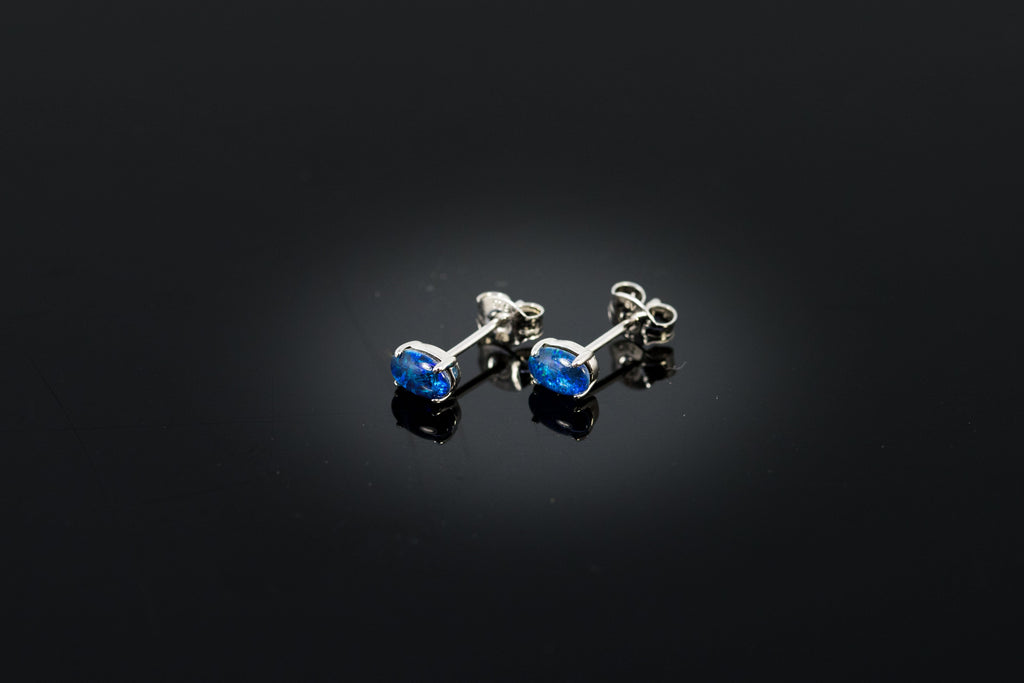 Dainty Australian Triplet Opal Earrings - Green Blue Fire Opal - Genuine Australian Triplet Opal Earrings in Sterling Silver White Gold Plated Simple Design