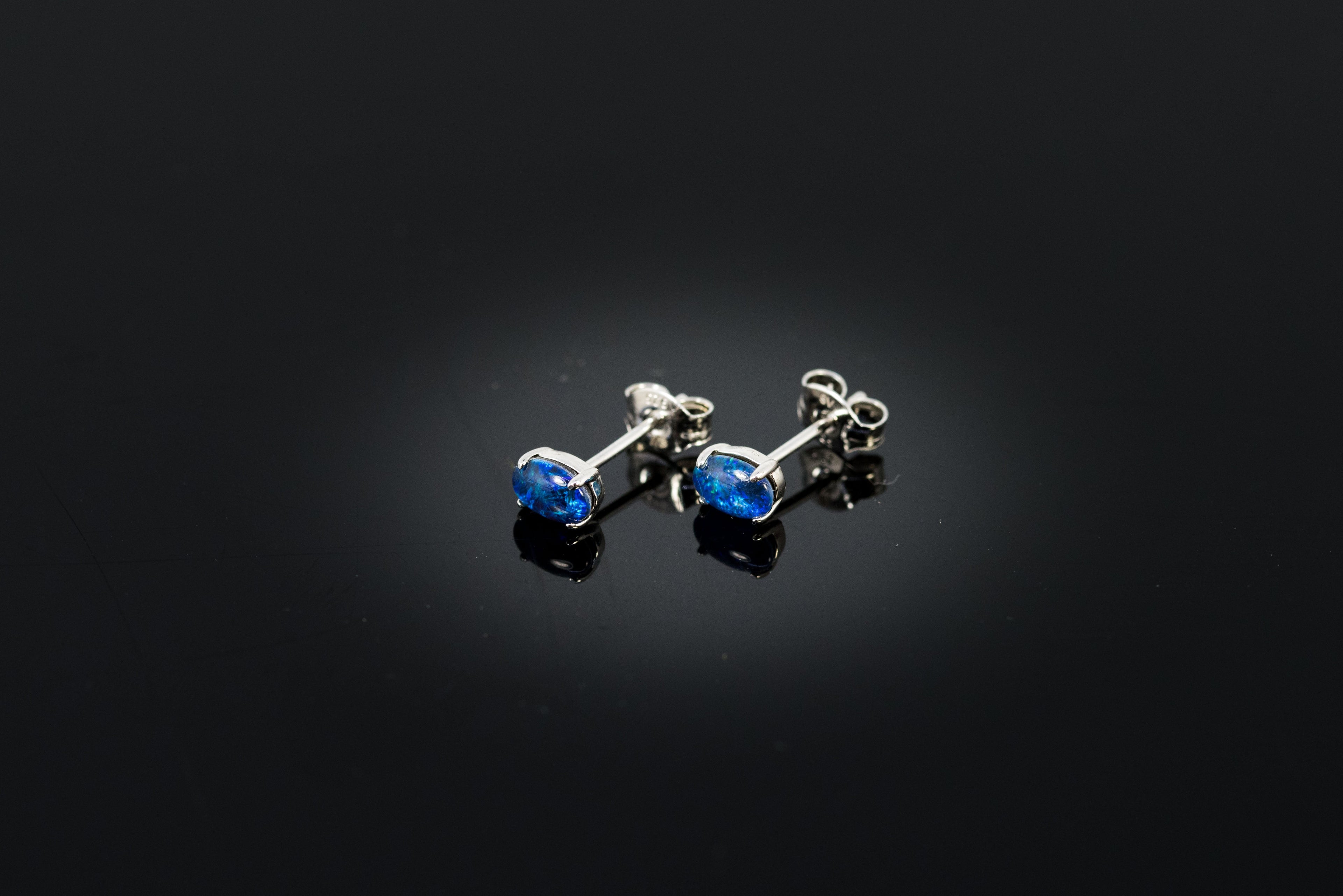 Dainty Australian Triplet Opal Earrings - Green Blue Fire Opal - Genuine Australian Triplet Opal Earrings in Sterling Silver White Gold Plated Simple Design