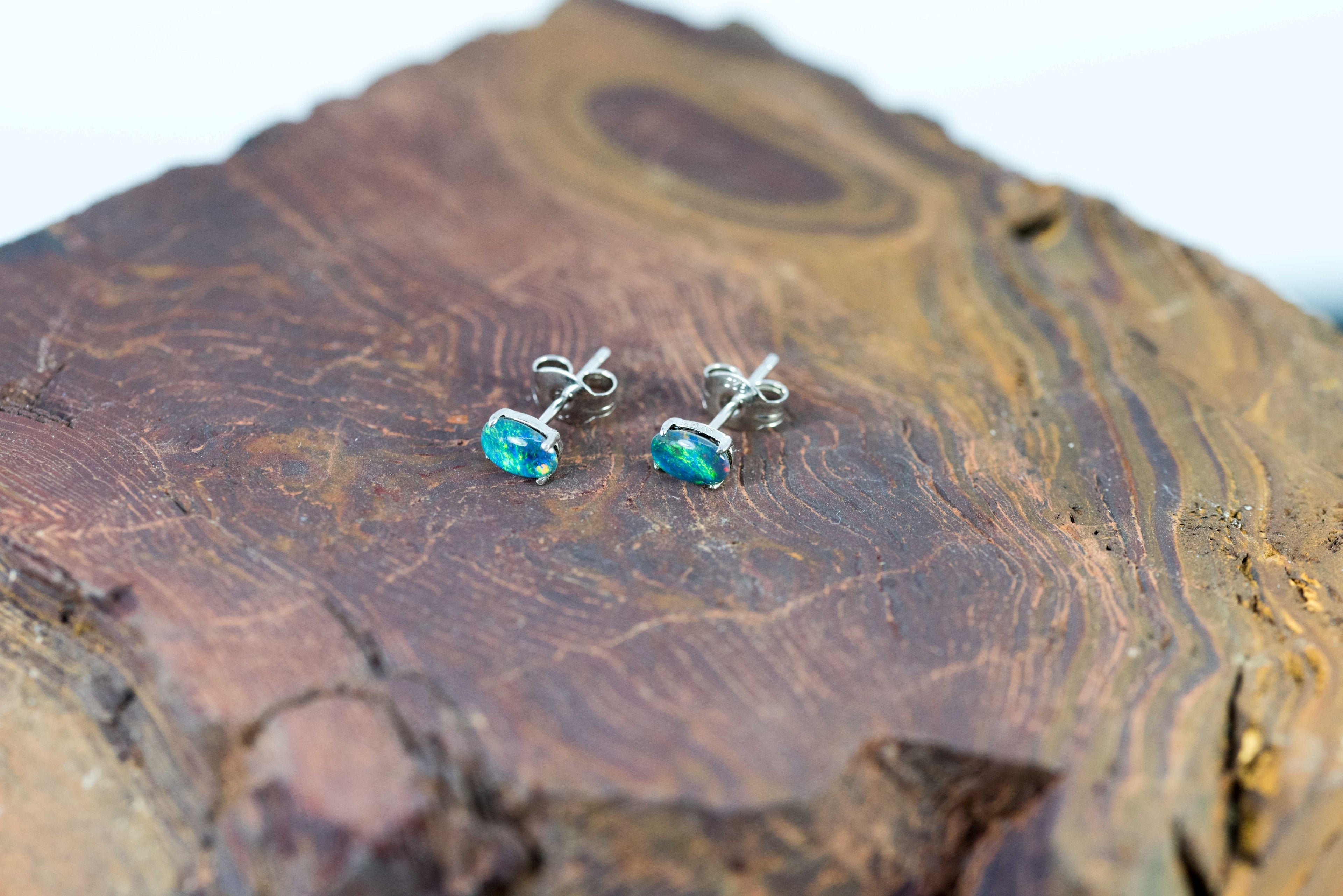 Dainty Australian Triplet Opal Earrings - Green Blue Fire Opal - Genuine Australian Triplet Opal Earrings in Sterling Silver White Gold Plated Simple Design